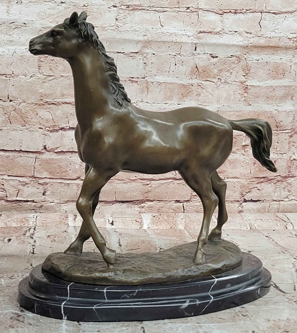 Bronze Horse Sculpture Standing Stallion on Marble Base