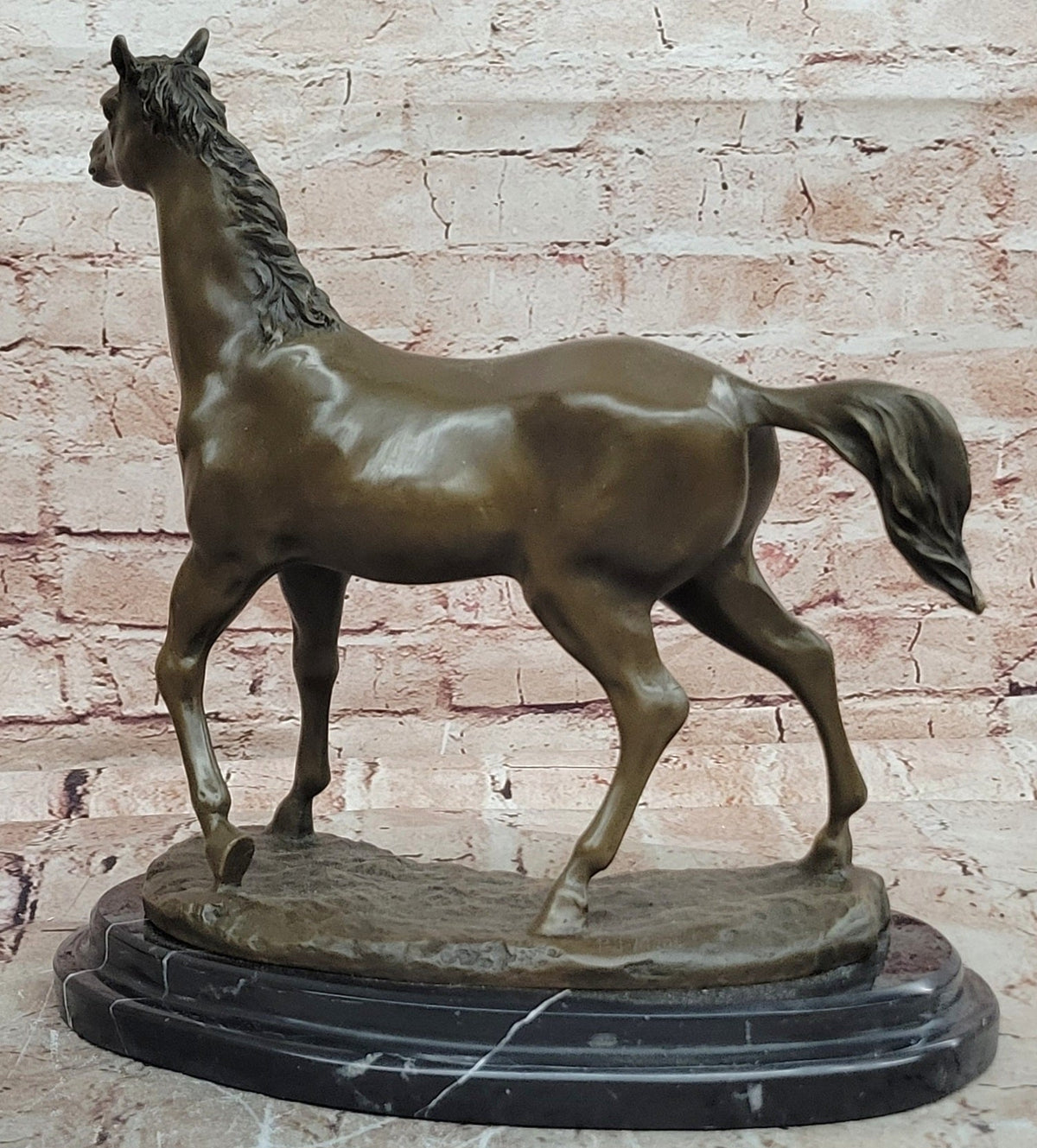 Bronze Horse Sculpture Standing Stallion on Marble Base