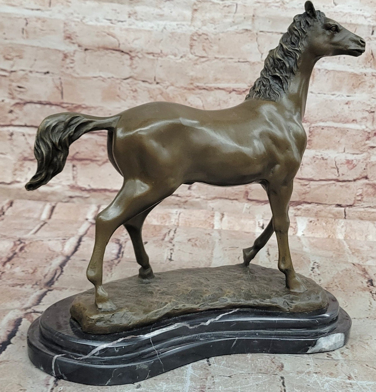Bronze Horse Sculpture Standing Stallion on Marble Base