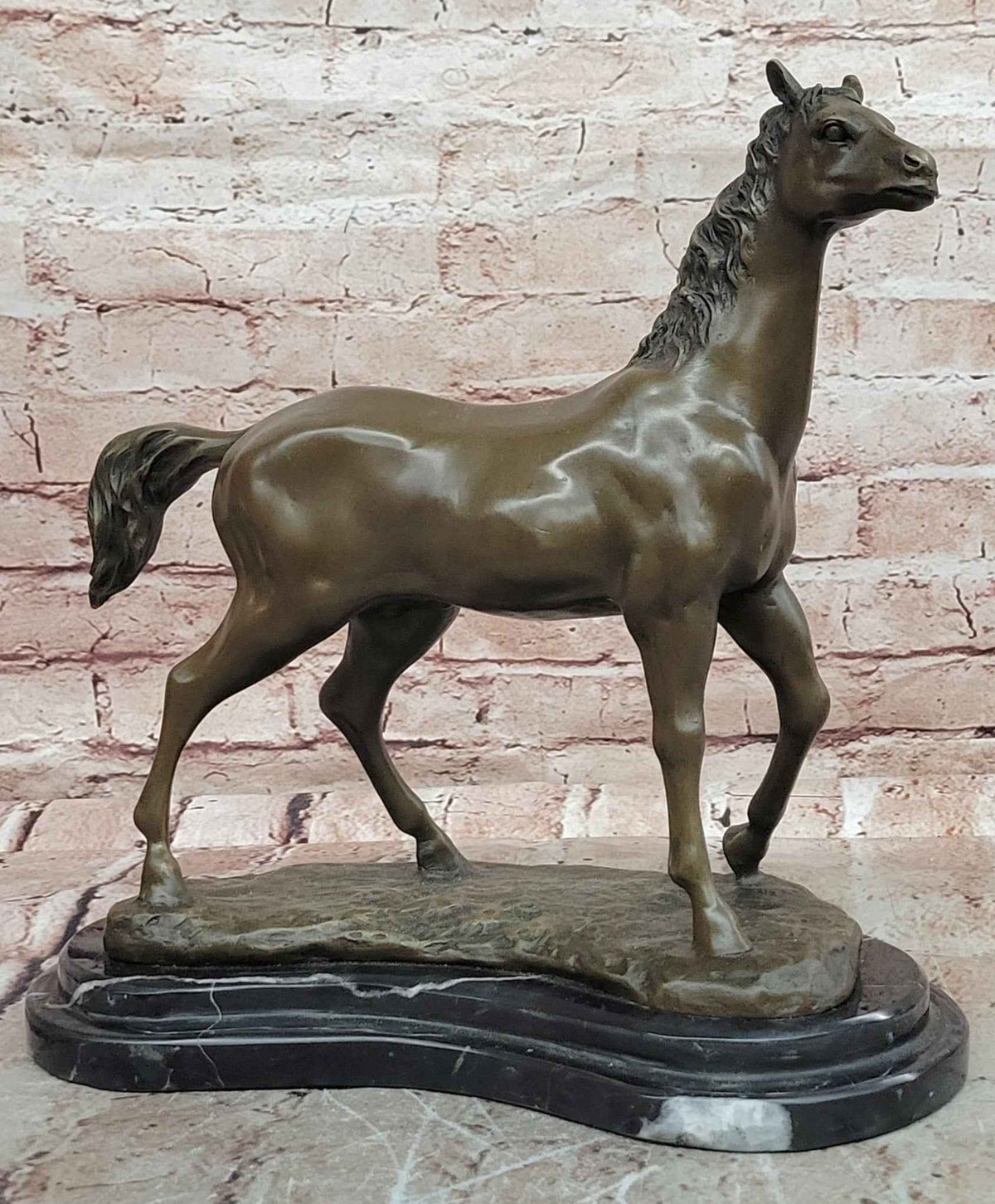 Bronze Horse Sculpture Standing Stallion on Marble Base