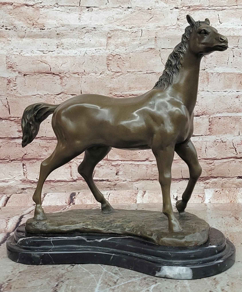 Bronze Horse Sculpture Standing Stallion on Marble Base