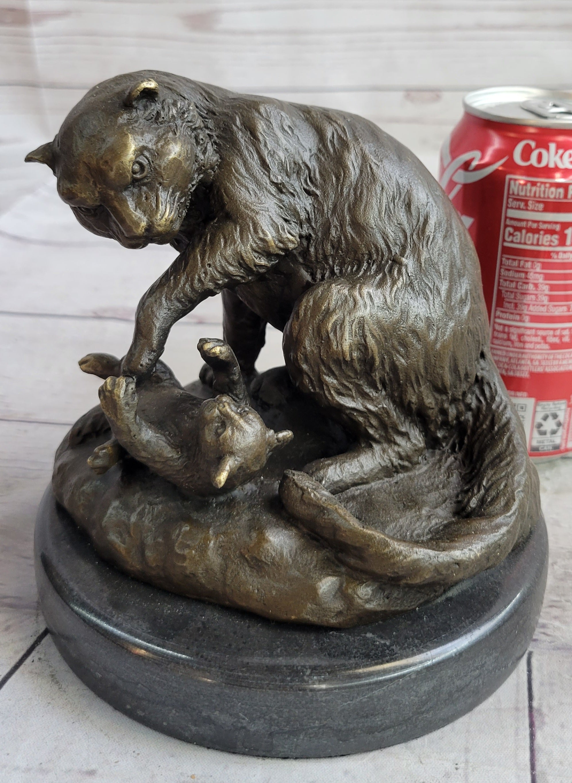 Playful Cat & Kitten - Signed Handmade Bronze Sculpture on Marble Base by Milo