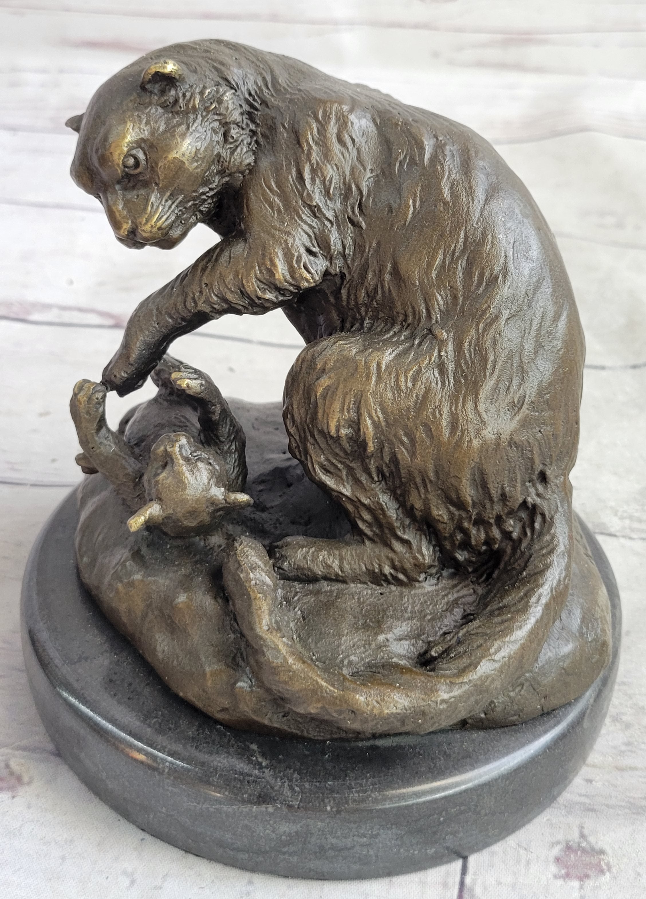 Playful Cat & Kitten - Signed Handmade Bronze Sculpture on Marble Base by Milo