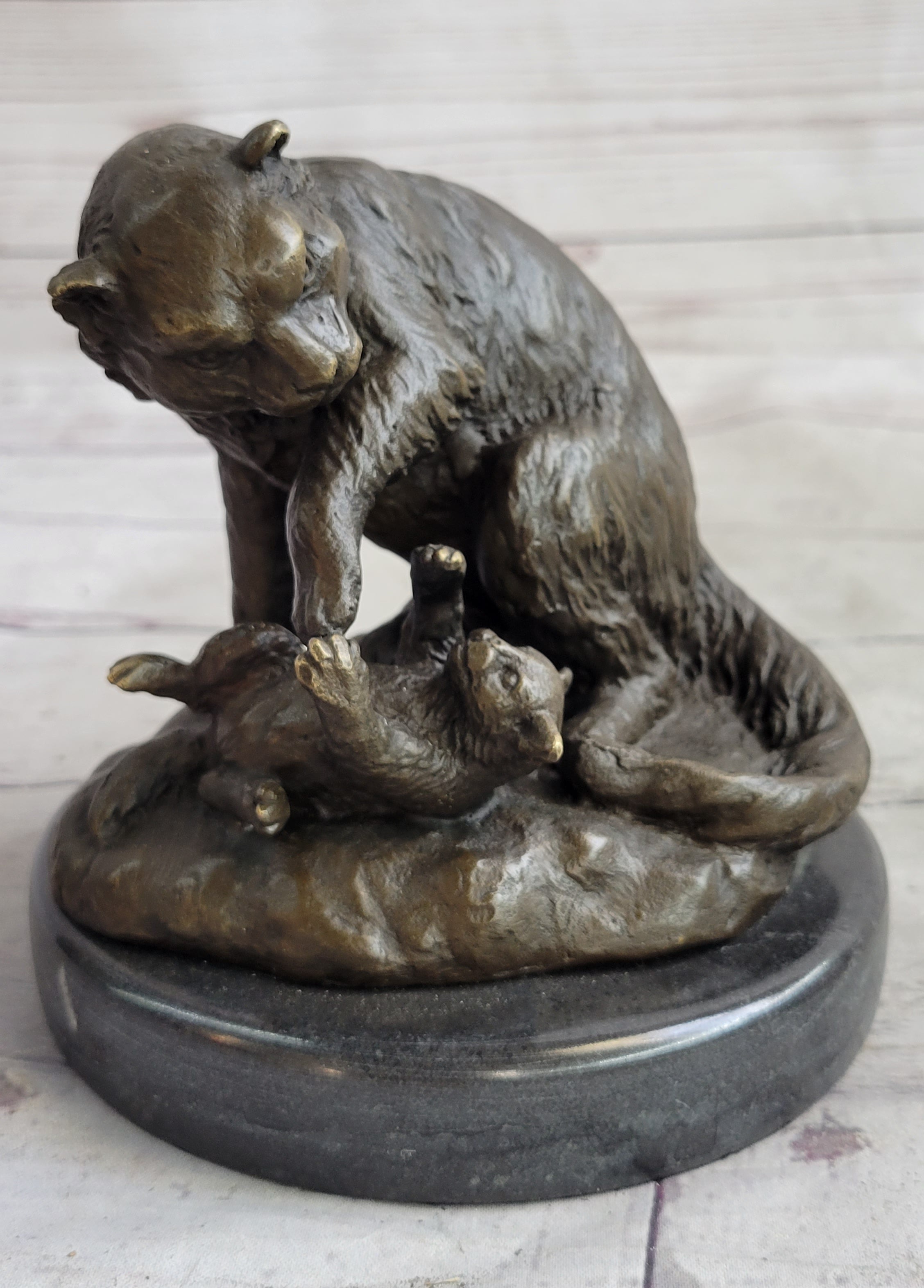 Playful Cat & Kitten - Signed Handmade Bronze Sculpture on Marble Base by Milo