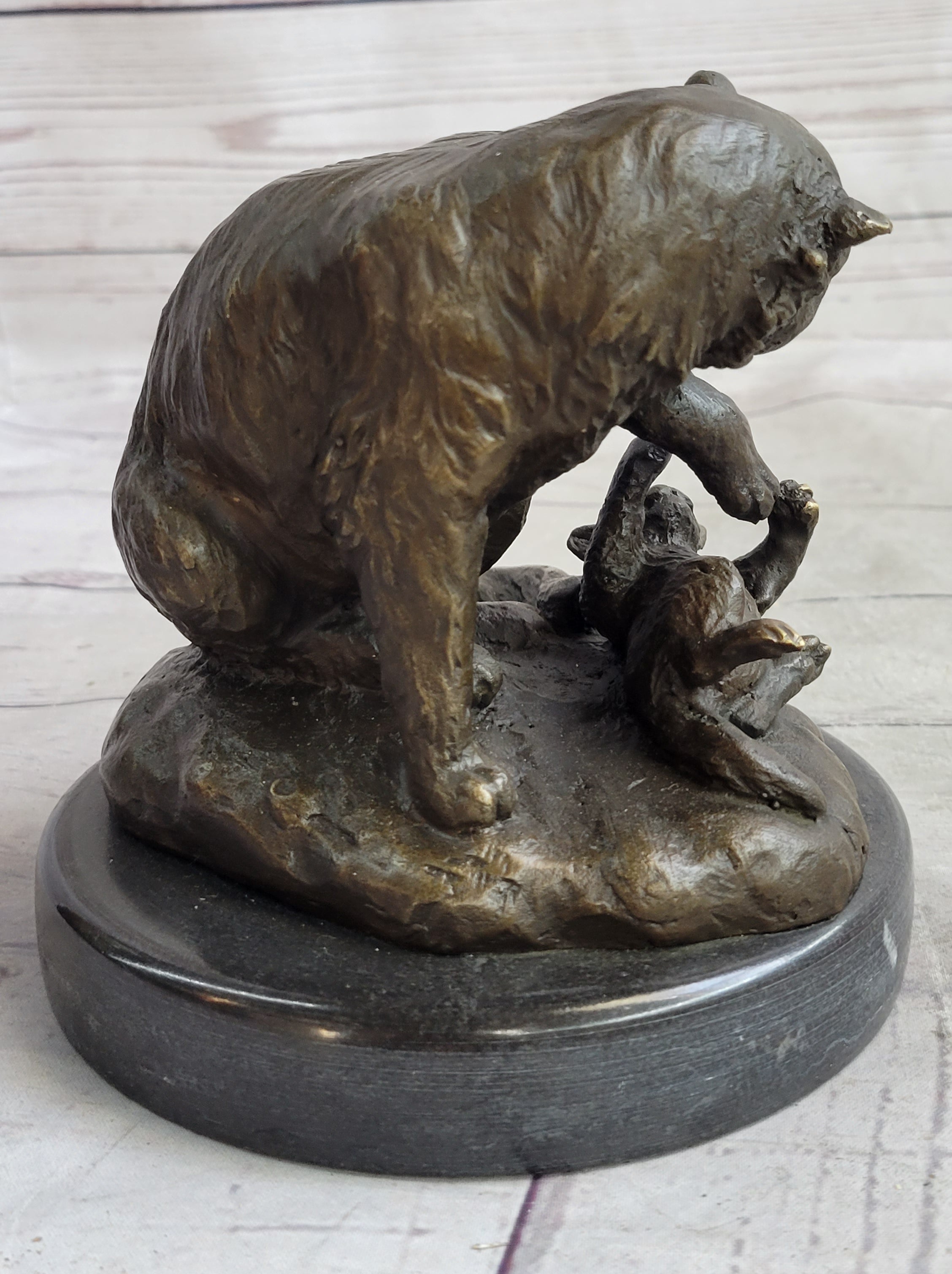 Playful Cat & Kitten - Signed Handmade Bronze Sculpture on Marble Base by Milo