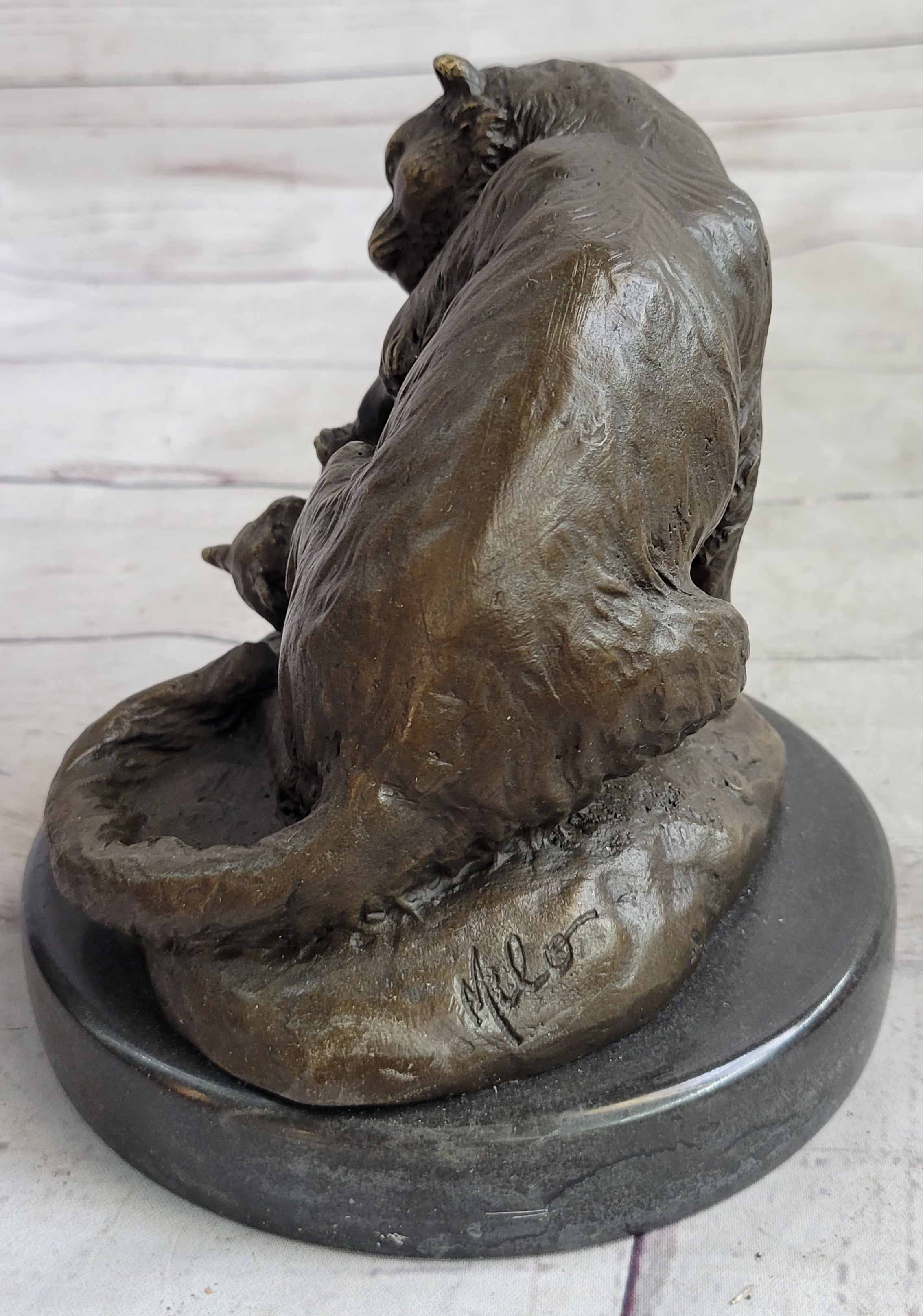 Playful Cat & Kitten - Signed Handmade Bronze Sculpture on Marble Base by Milo
