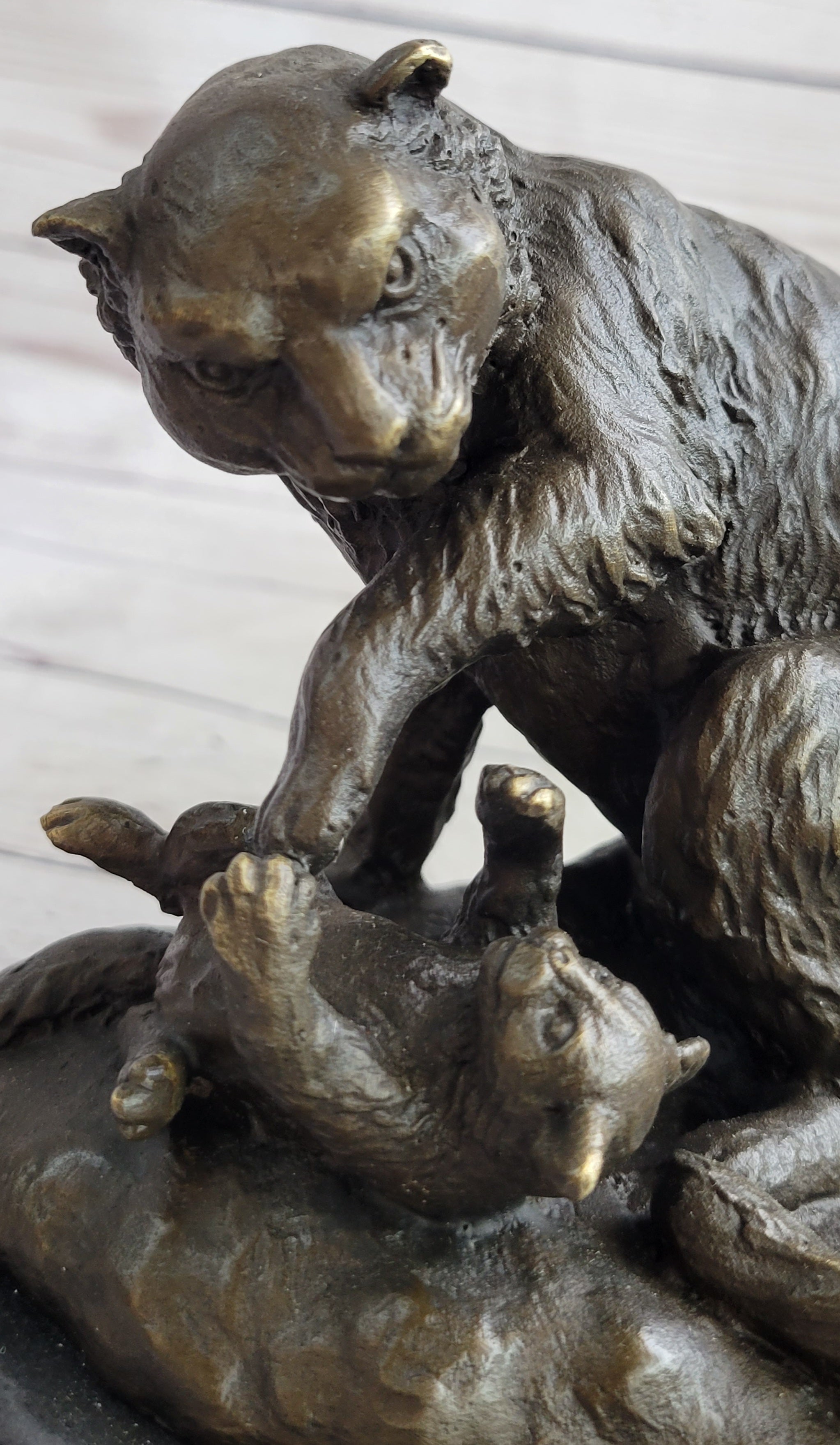 Playful Cat & Kitten - Signed Handmade Bronze Sculpture on Marble Base by Milo