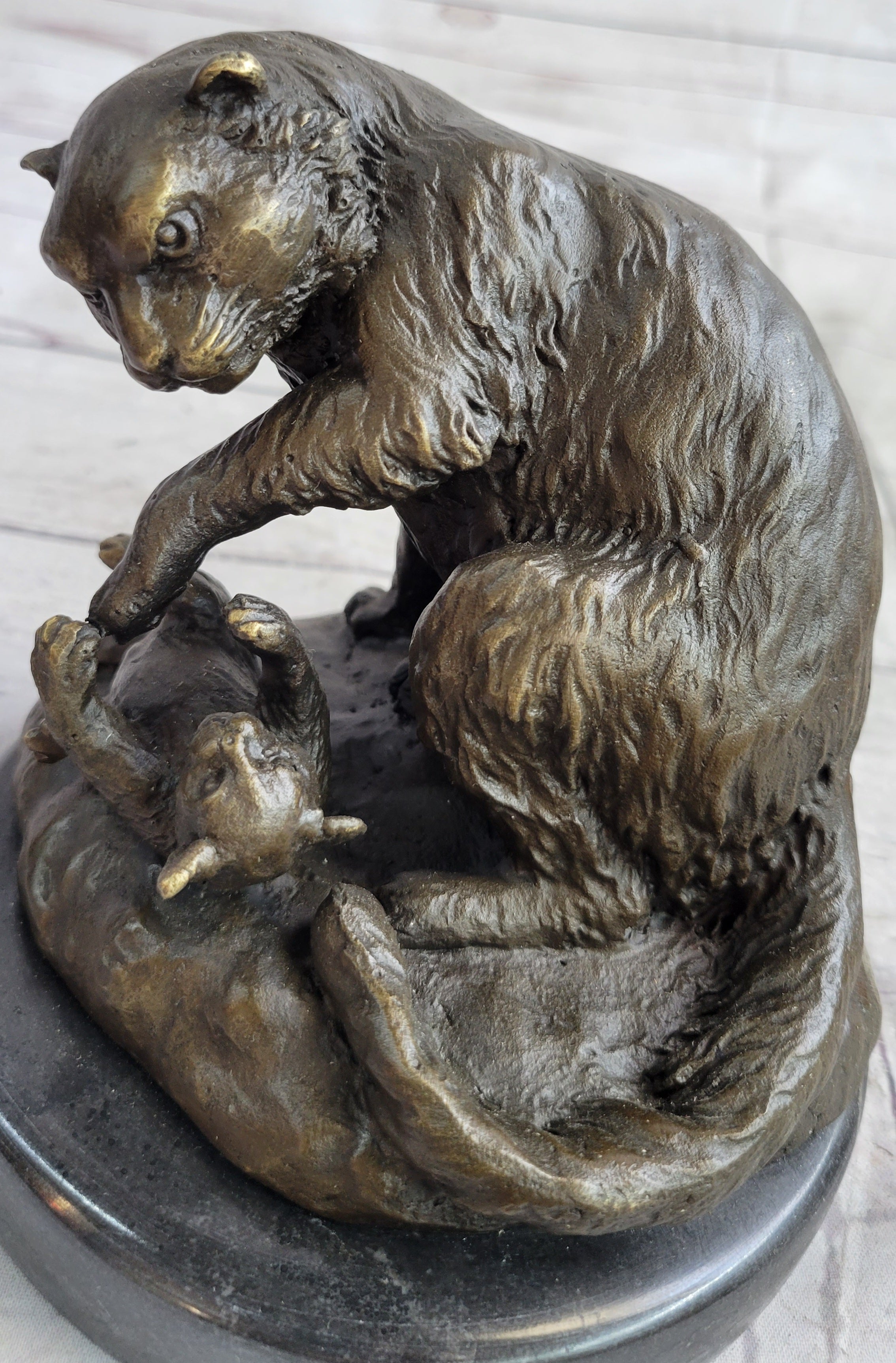 Playful Cat & Kitten - Signed Handmade Bronze Sculpture on Marble Base by Milo