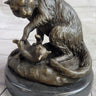 Playful Cat & Kitten - Signed Handmade Bronze Sculpture on Marble Base by Milo