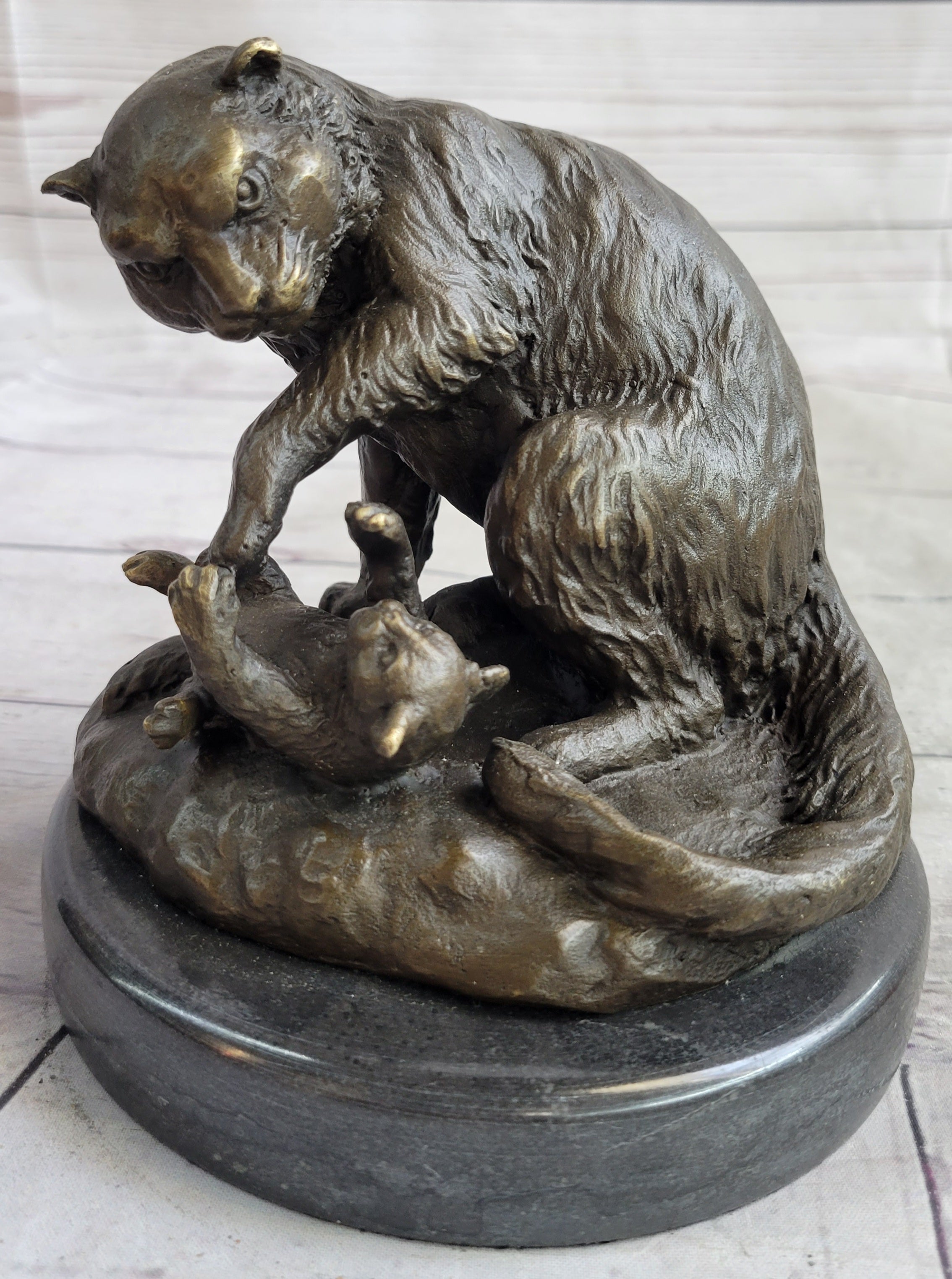 Playful Cat & Kitten - Signed Handmade Bronze Sculpture on Marble Base by Milo