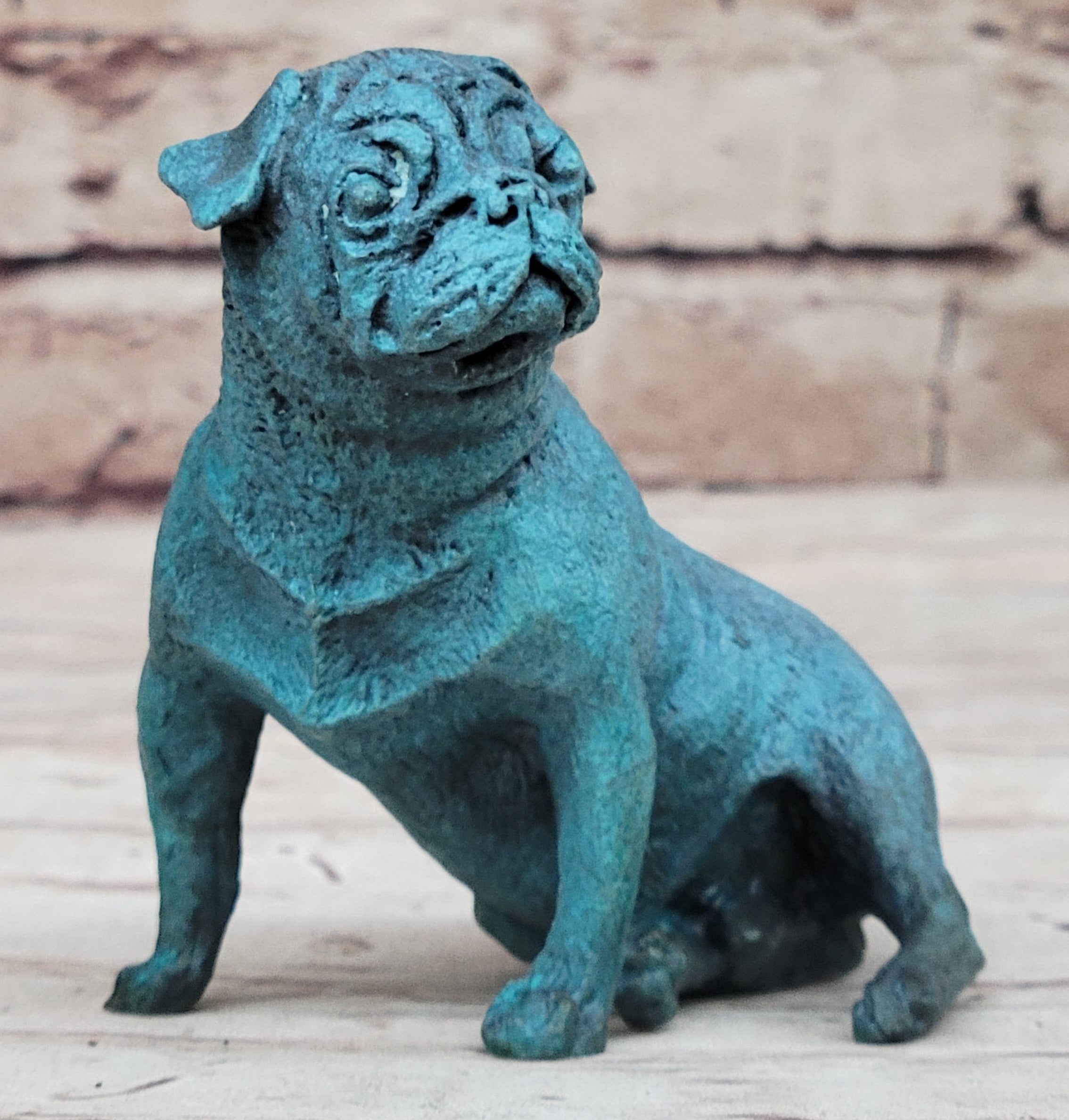 Pug Dog Puppy Bronze Metal Figurine Sculpture Decor Collectible Blue Patina Original Art
