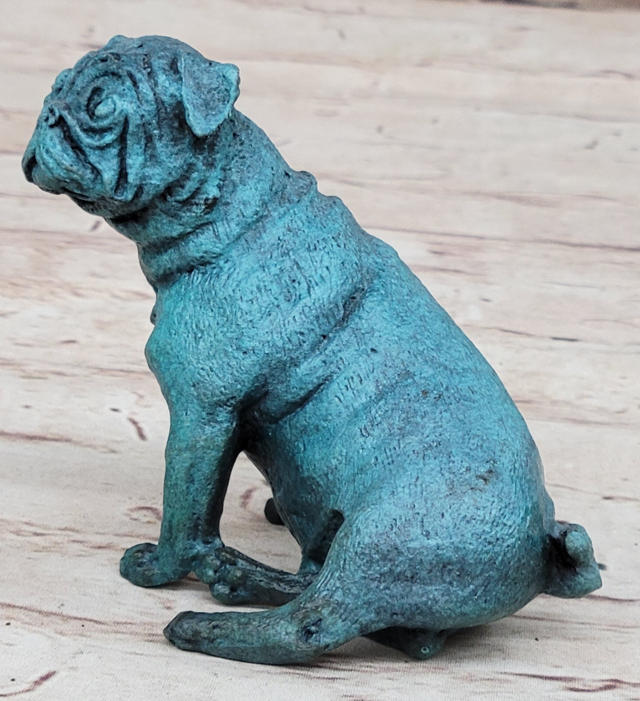 Pug Dog Puppy Bronze Metal Figurine Sculpture Decor Collectible Blue Patina Original Art