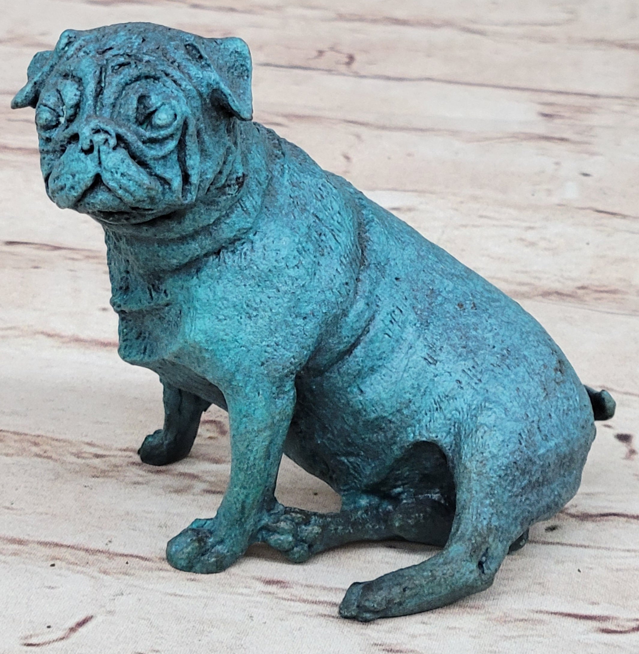 Pug Dog Puppy Bronze Metal Figurine Sculpture Decor Collectible Blue Patina Original Art