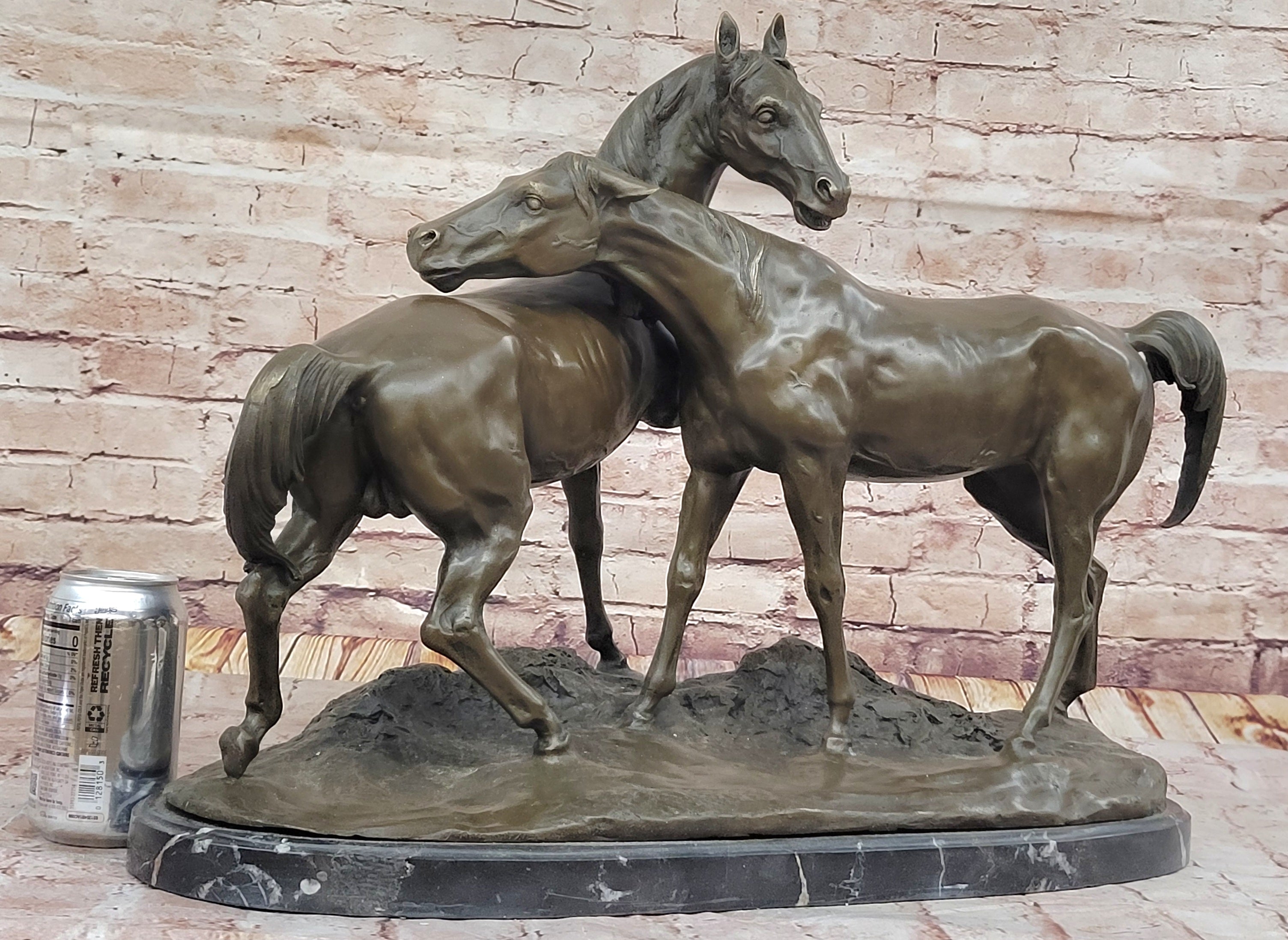 Pair of Horses Bronze Sculpture; Elegant Equestrian Artwork on Marble Base by PJ Mene