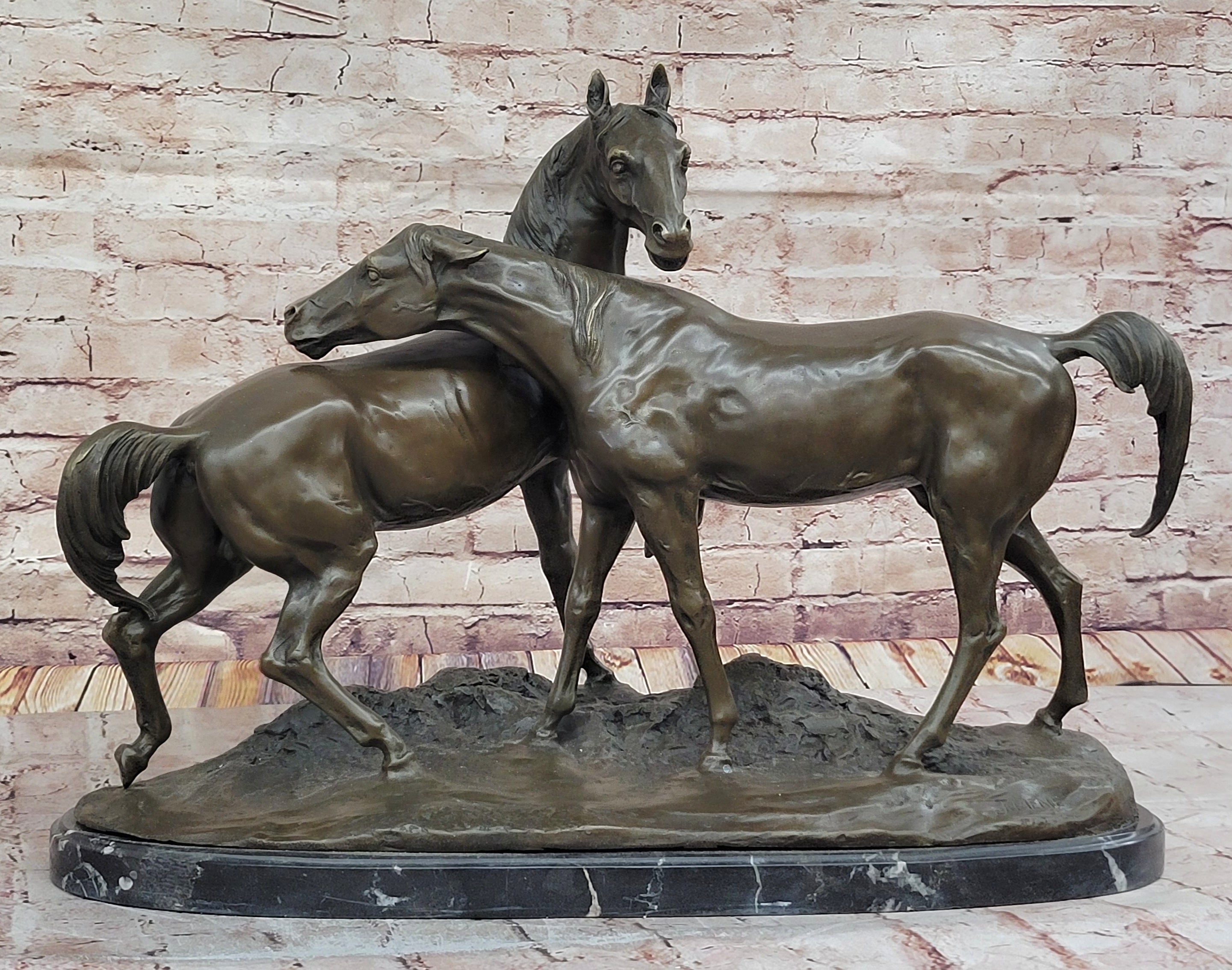Pair of Horses Bronze Sculpture; Elegant Equestrian Artwork on Marble Base by PJ Mene