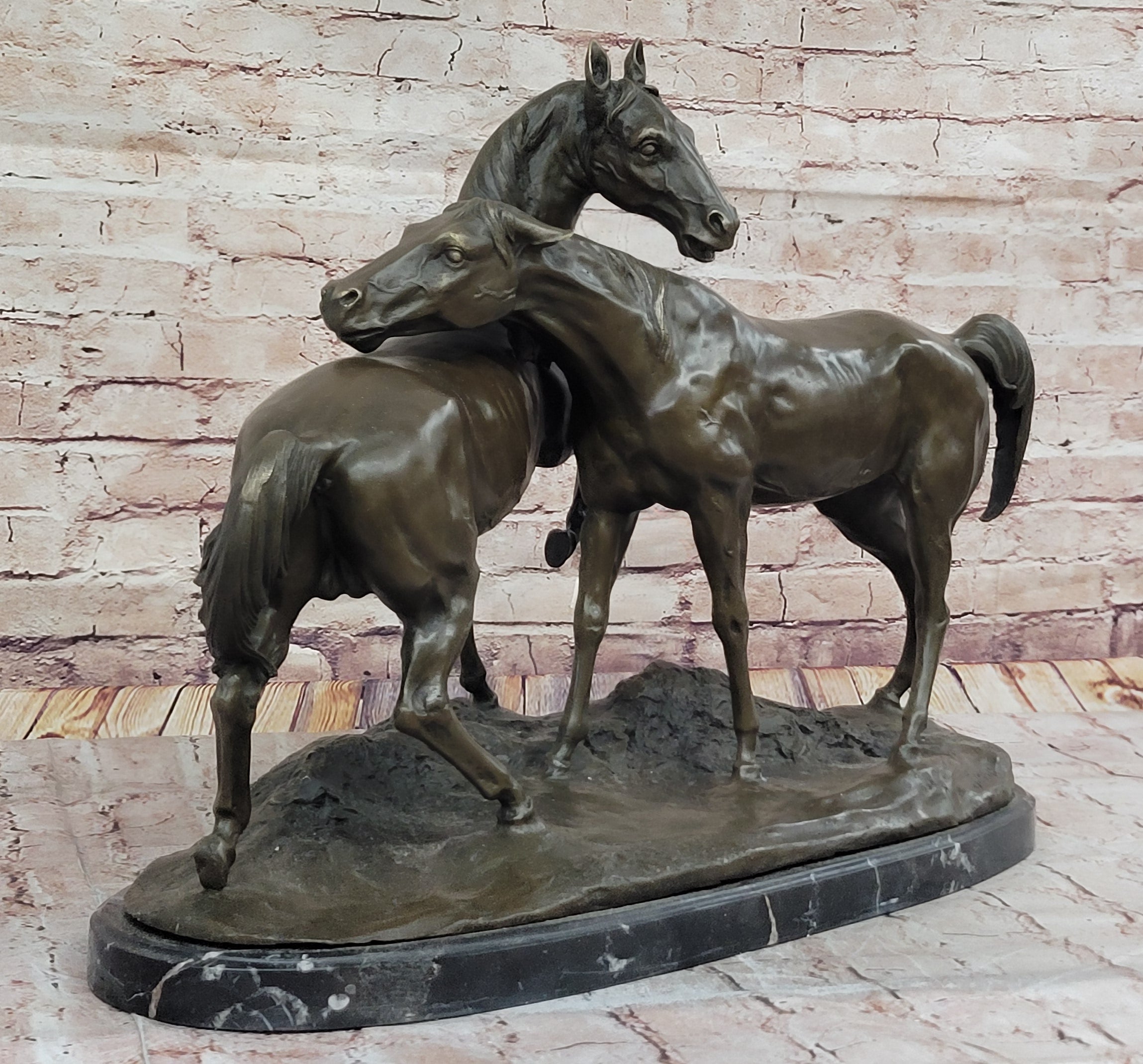 Pair of Horses Bronze Sculpture; Elegant Equestrian Artwork on Marble Base by PJ Mene