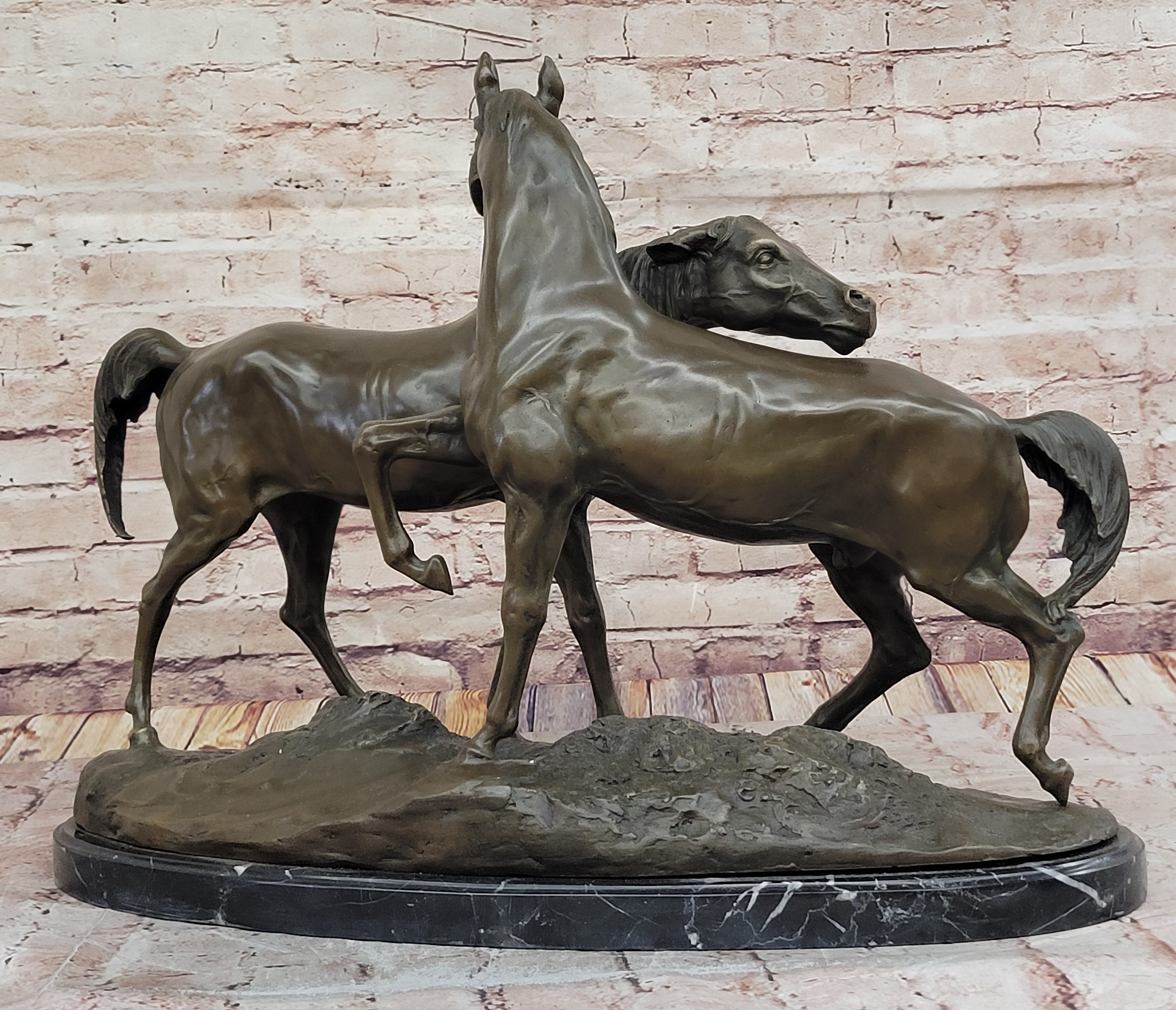 Pair of Horses Bronze Sculpture; Elegant Equestrian Artwork on Marble Base by PJ Mene