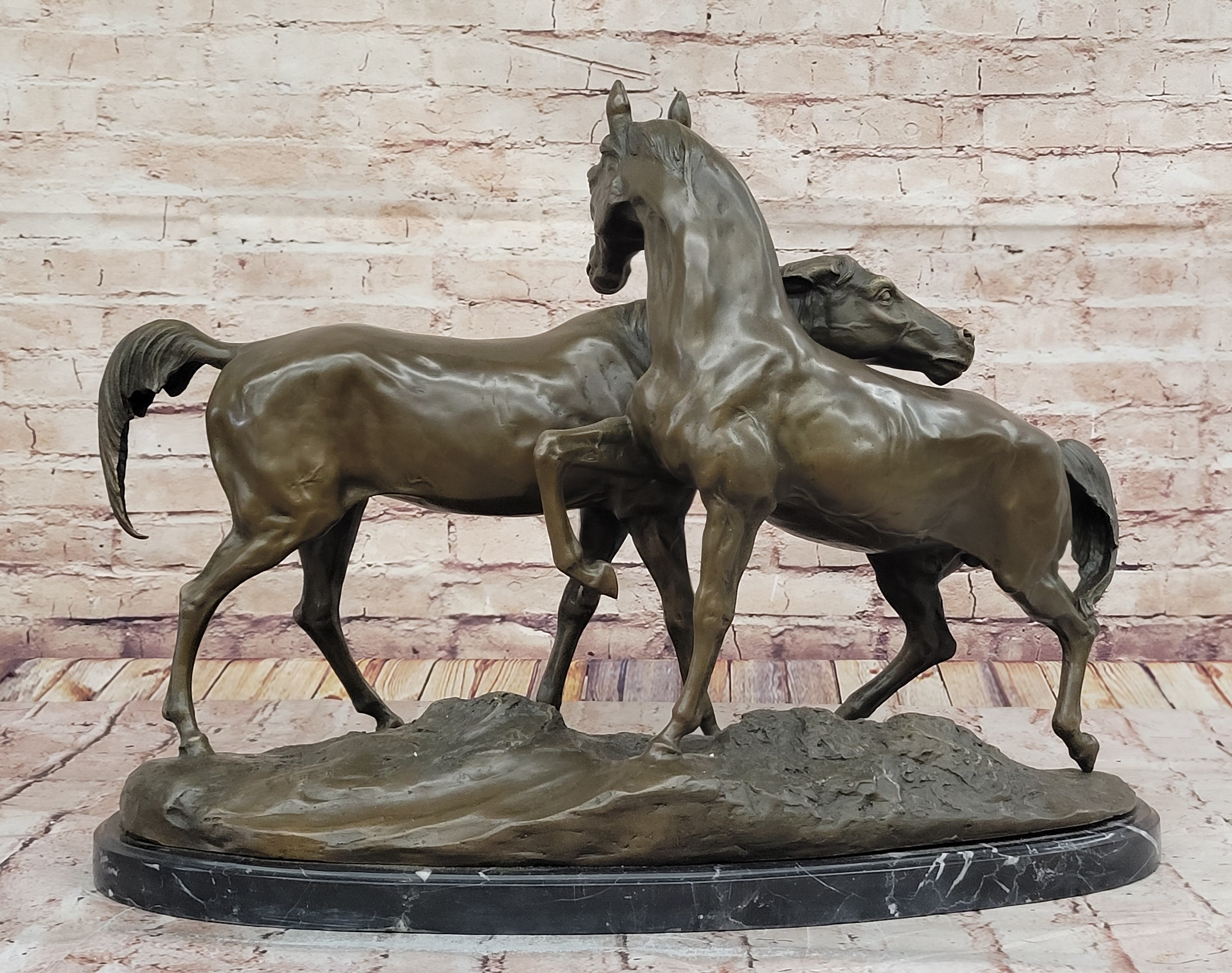 Pair of Horses Bronze Sculpture; Elegant Equestrian Artwork on Marble Base by PJ Mene