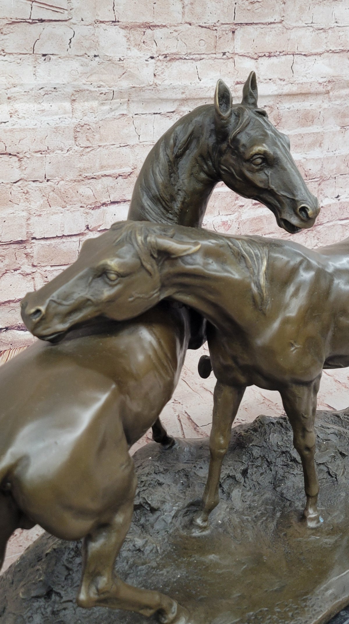 Pair of Horses Bronze Sculpture; Elegant Equestrian Artwork on Marble Base by PJ Mene
