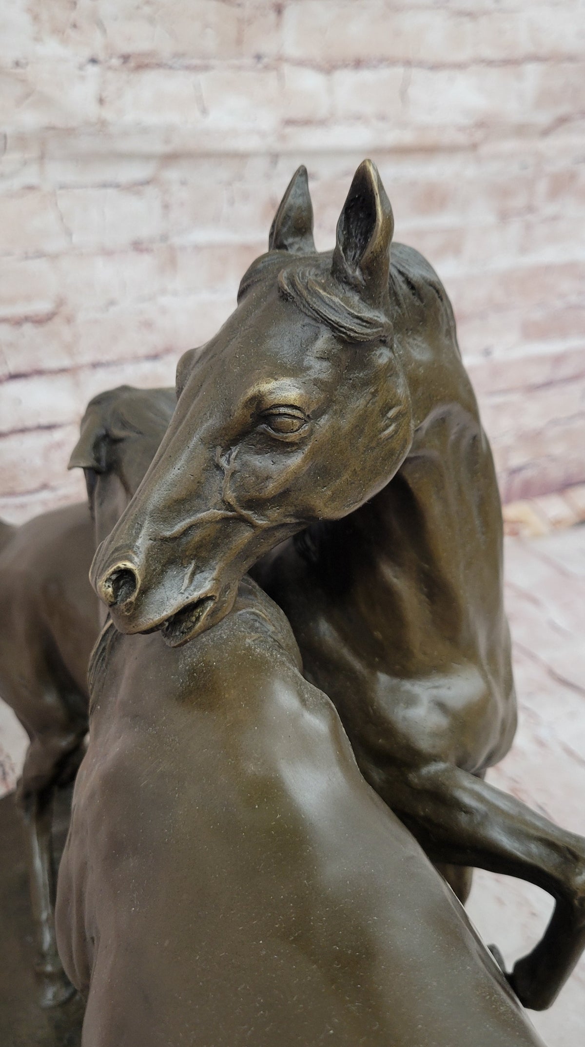 Pair of Horses Bronze Sculpture; Elegant Equestrian Artwork on Marble Base by PJ Mene