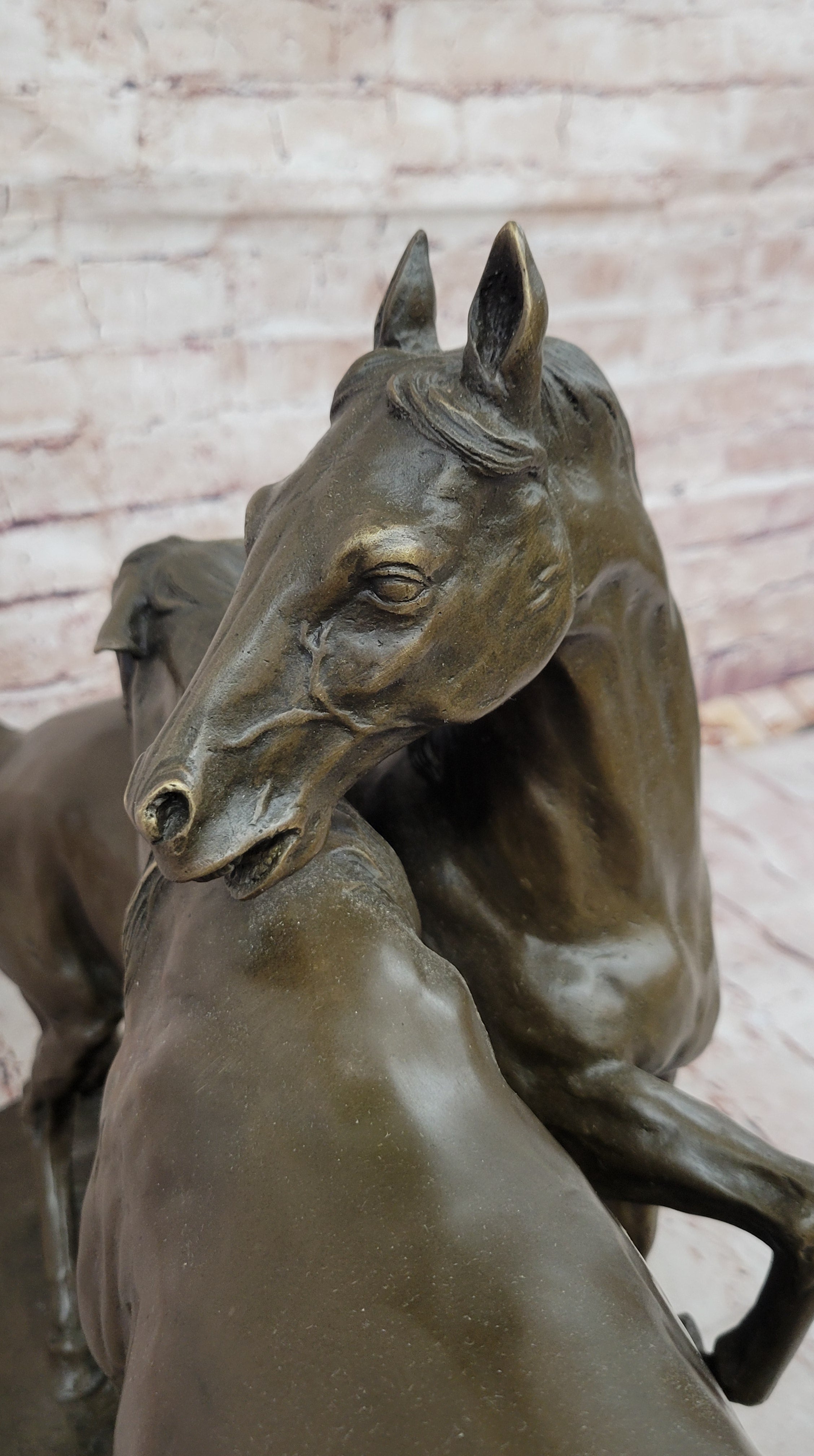 Pair of Horses Bronze Sculpture; Elegant Equestrian Artwork on Marble Base by PJ Mene