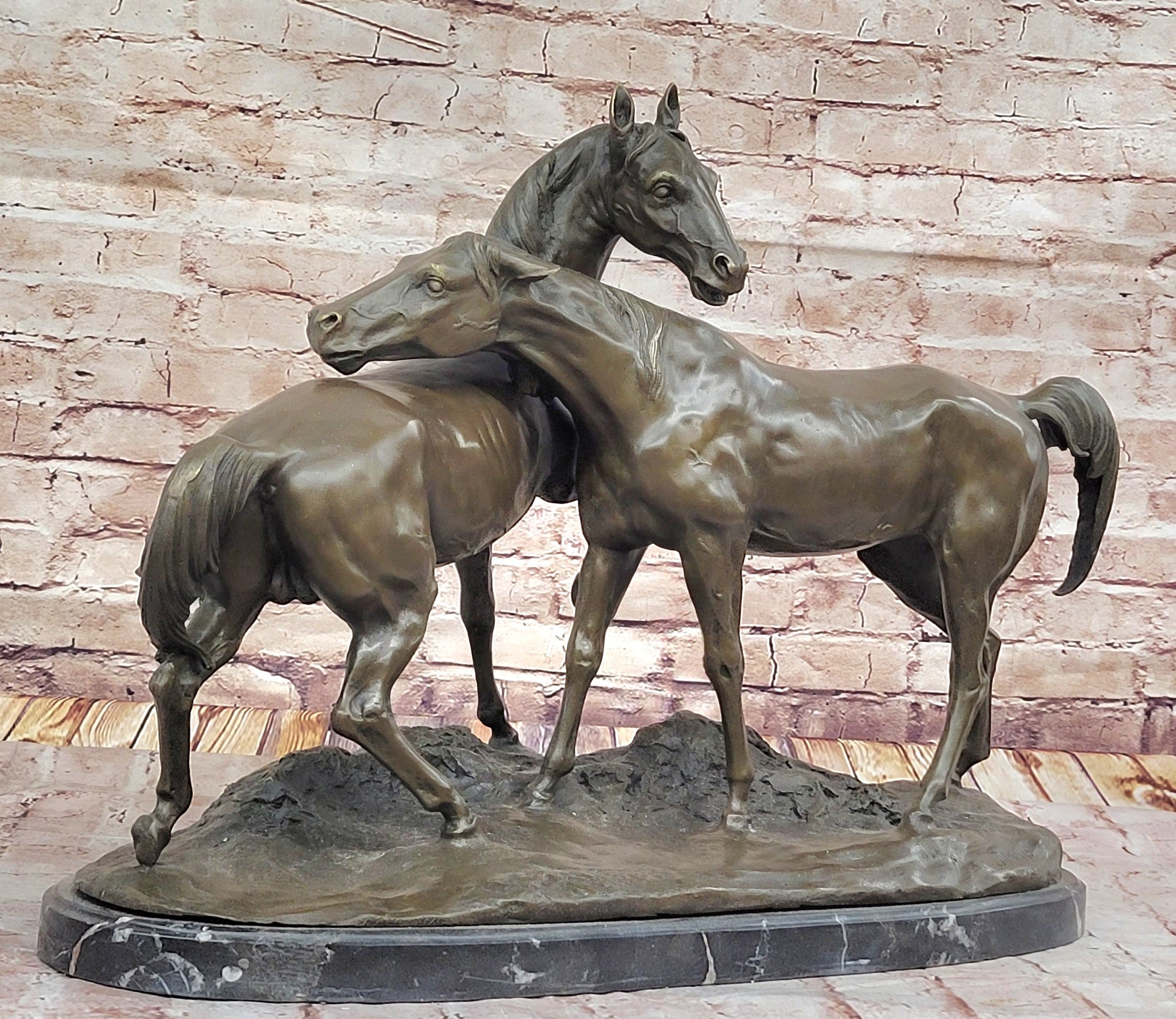 Pair of Horses Bronze Sculpture; Elegant Equestrian Artwork on Marble Base by PJ Mene
