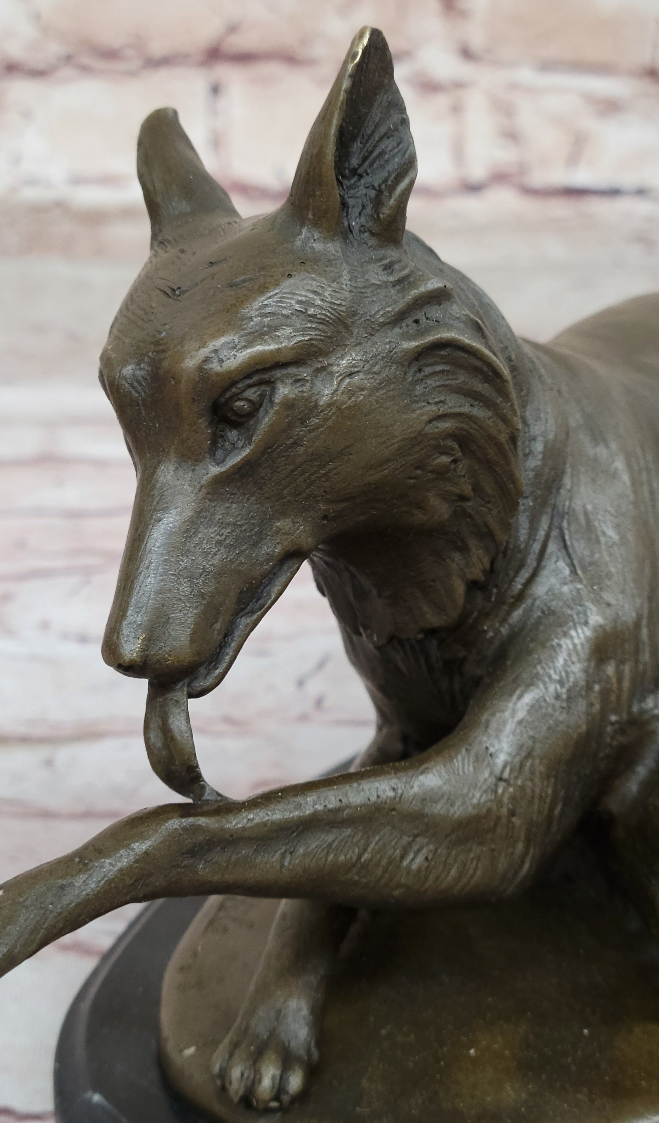German Shepherd Bushy Tailed Dog Licking Paw Bronze Statue Sculpture Original Milo