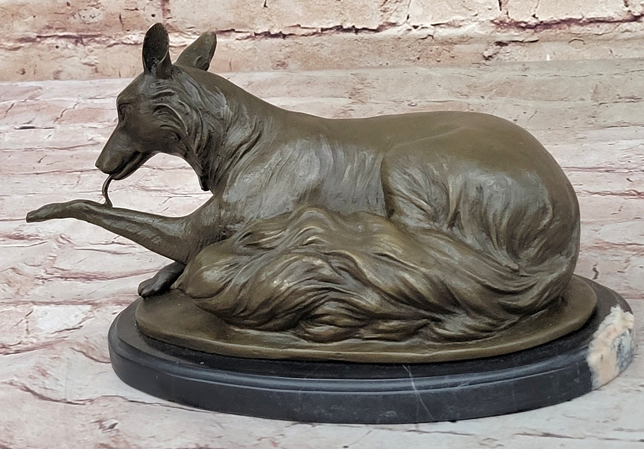 German Shepherd Bushy Tailed Dog Licking Paw Bronze Statue Sculpture Original Milo