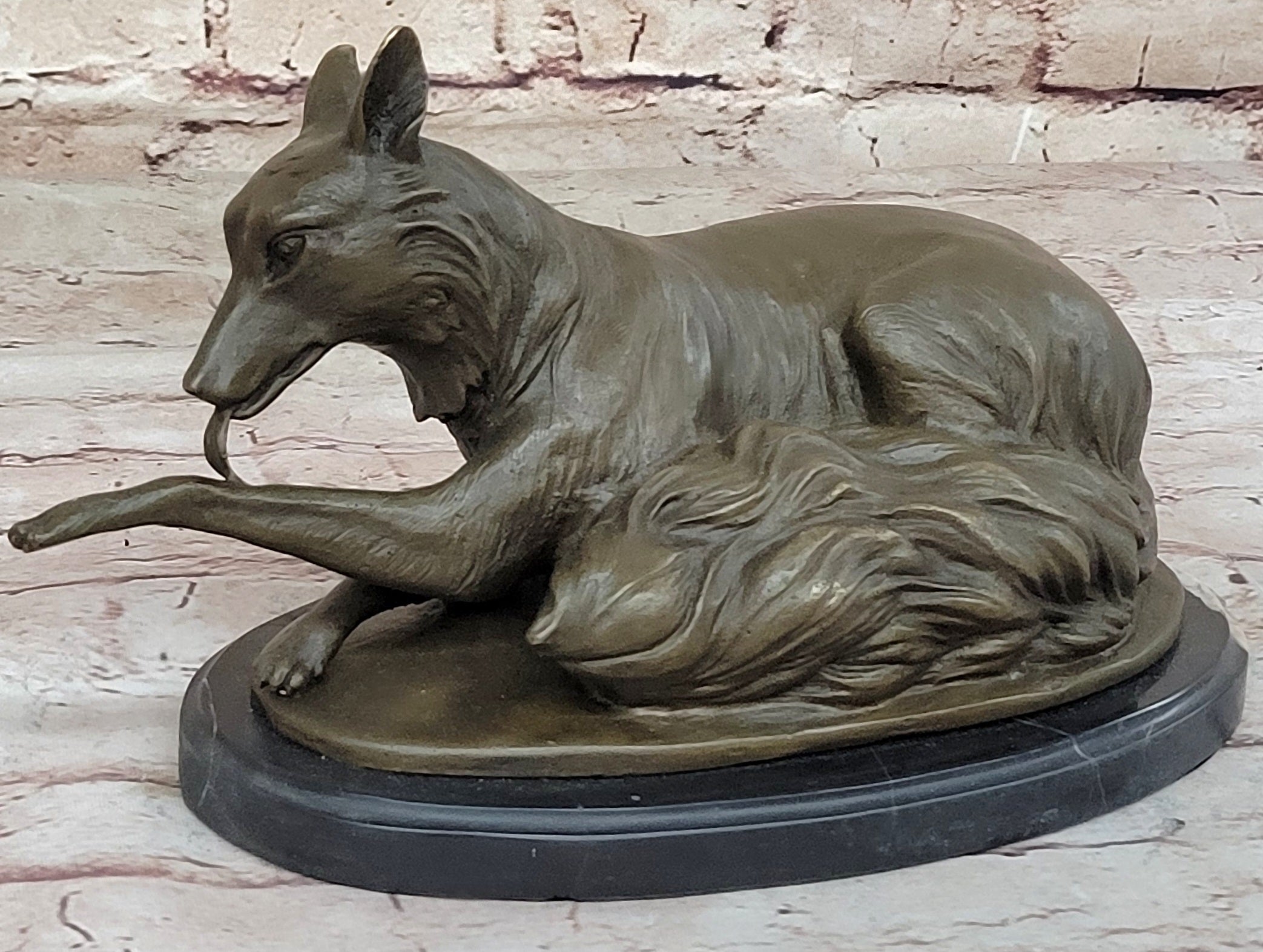 German Shepherd Bushy Tailed Dog Licking Paw Bronze Statue Sculpture Original Milo