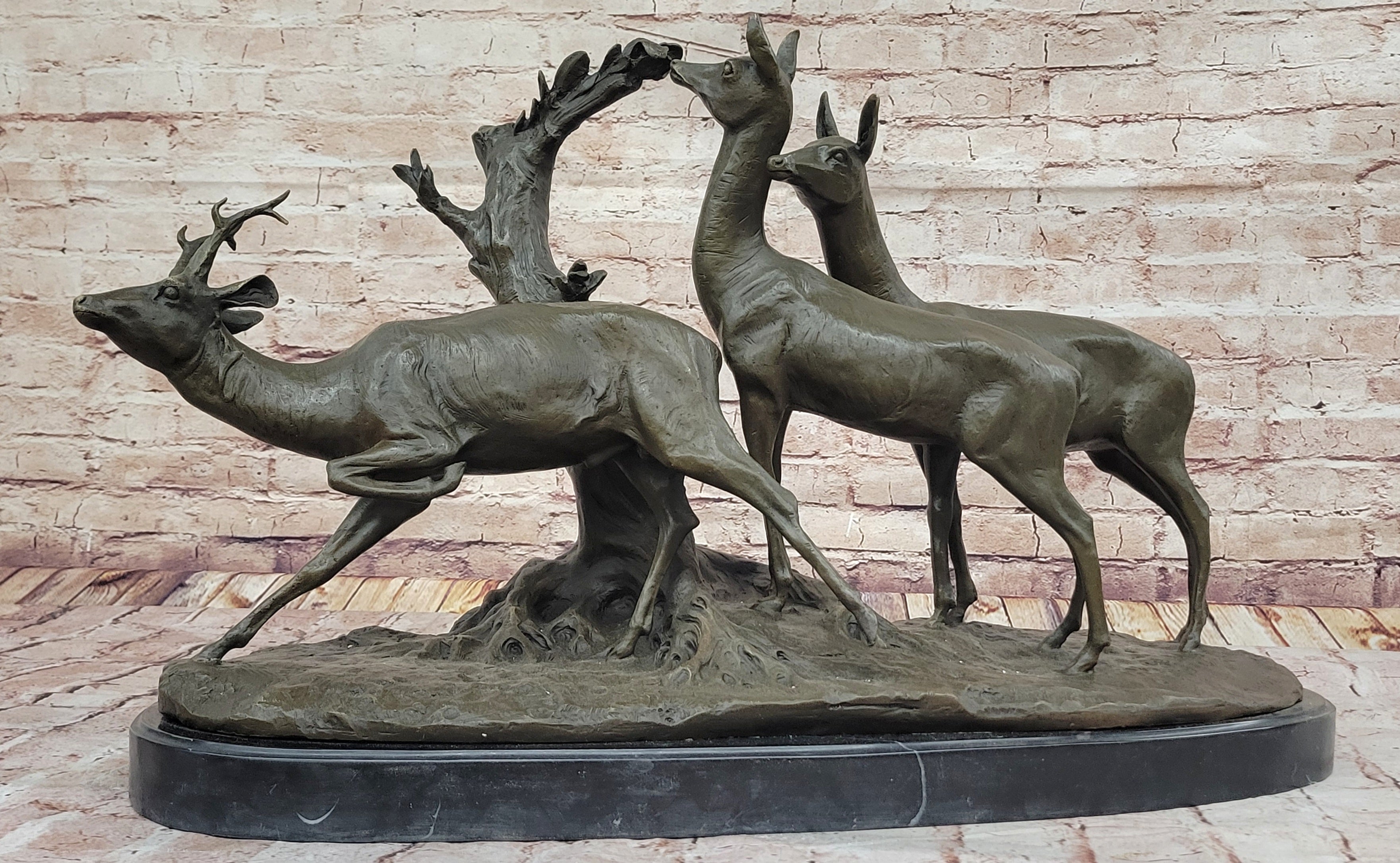M. Fiot Deer in the Forest; Majestic Bronze Wildlife Sculpture on Marble Base