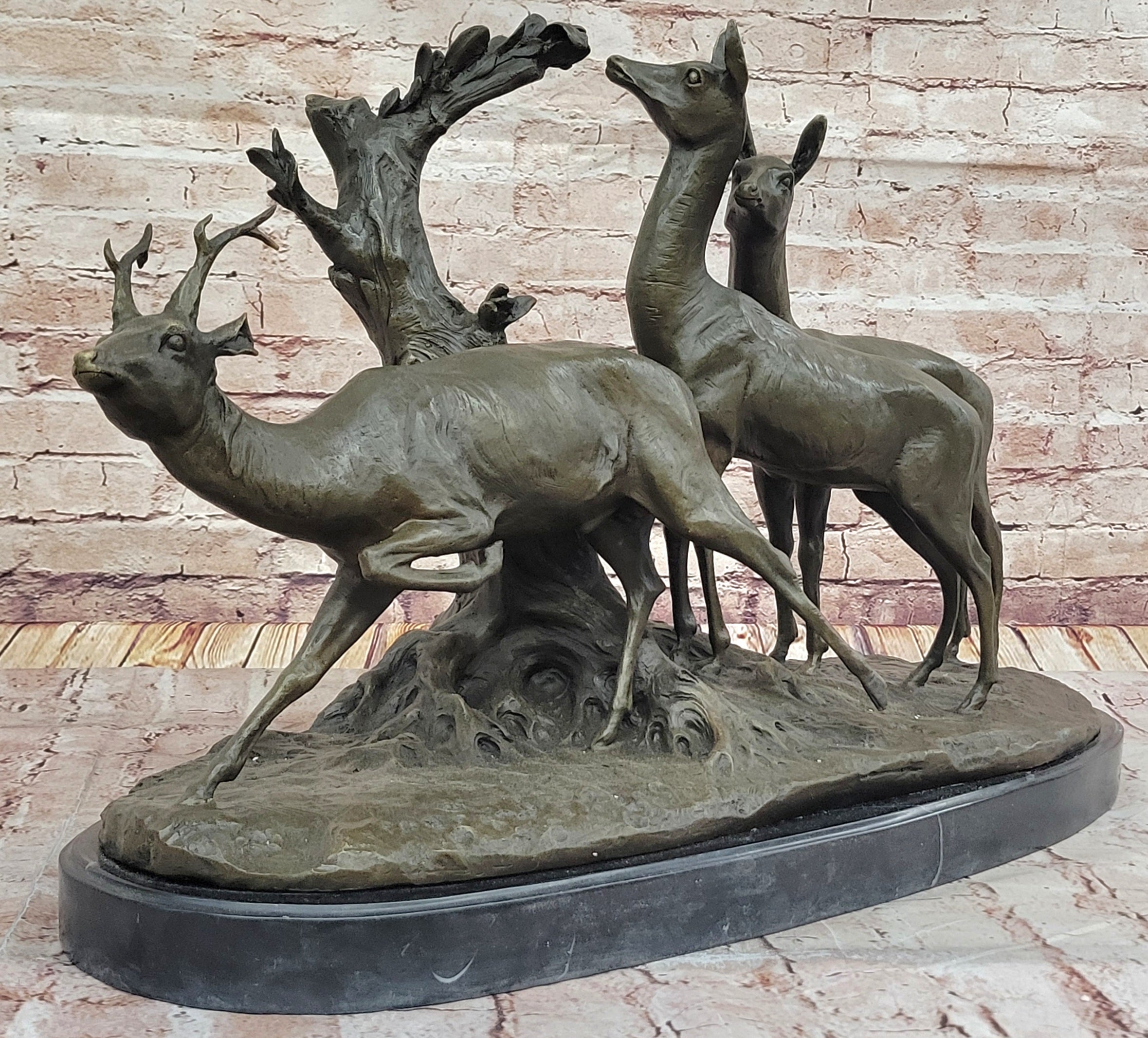 M. Fiot Deer in the Forest; Majestic Bronze Wildlife Sculpture on Marble Base