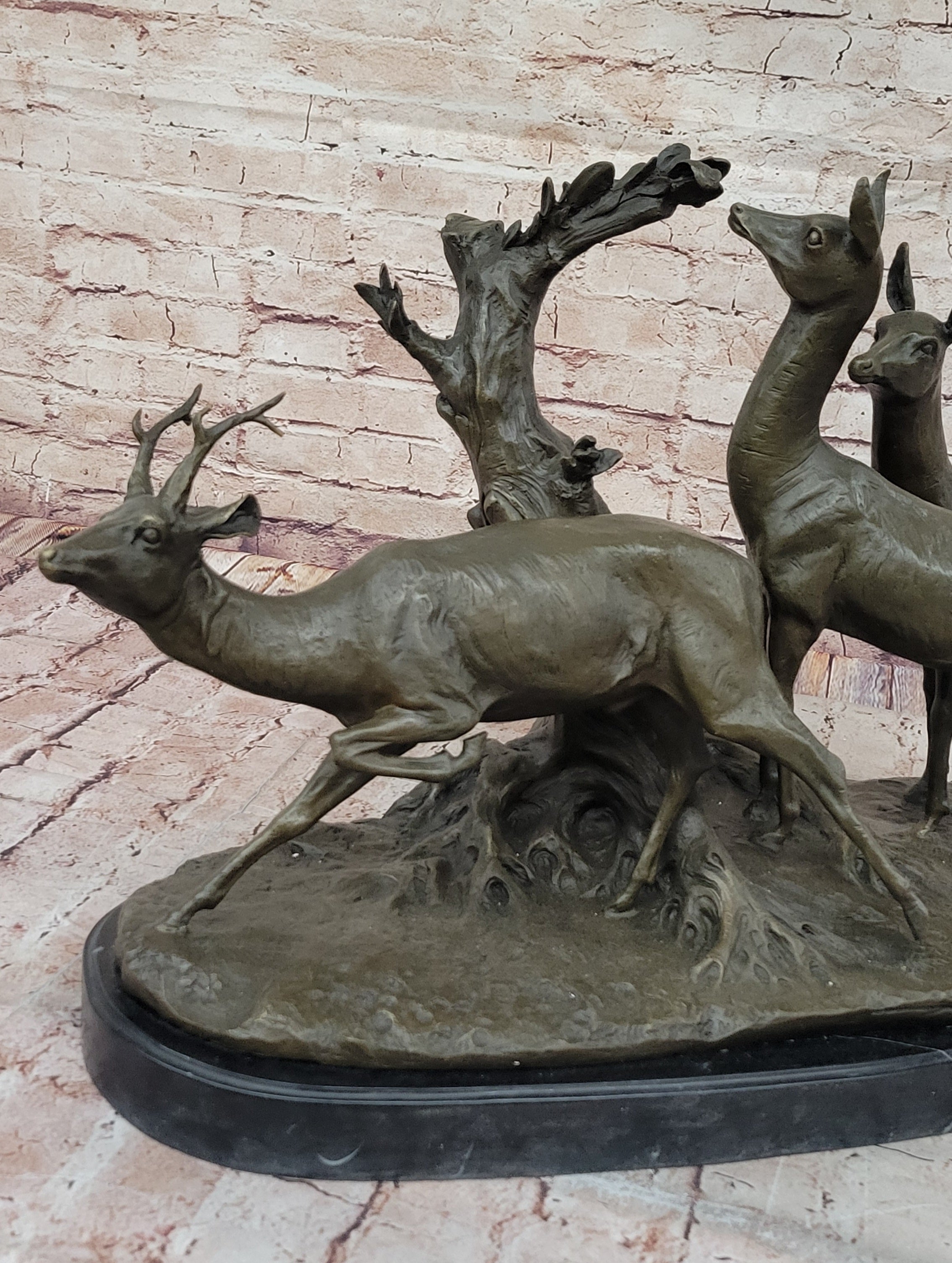 M. Fiot Deer in the Forest; Majestic Bronze Wildlife Sculpture on Marble Base