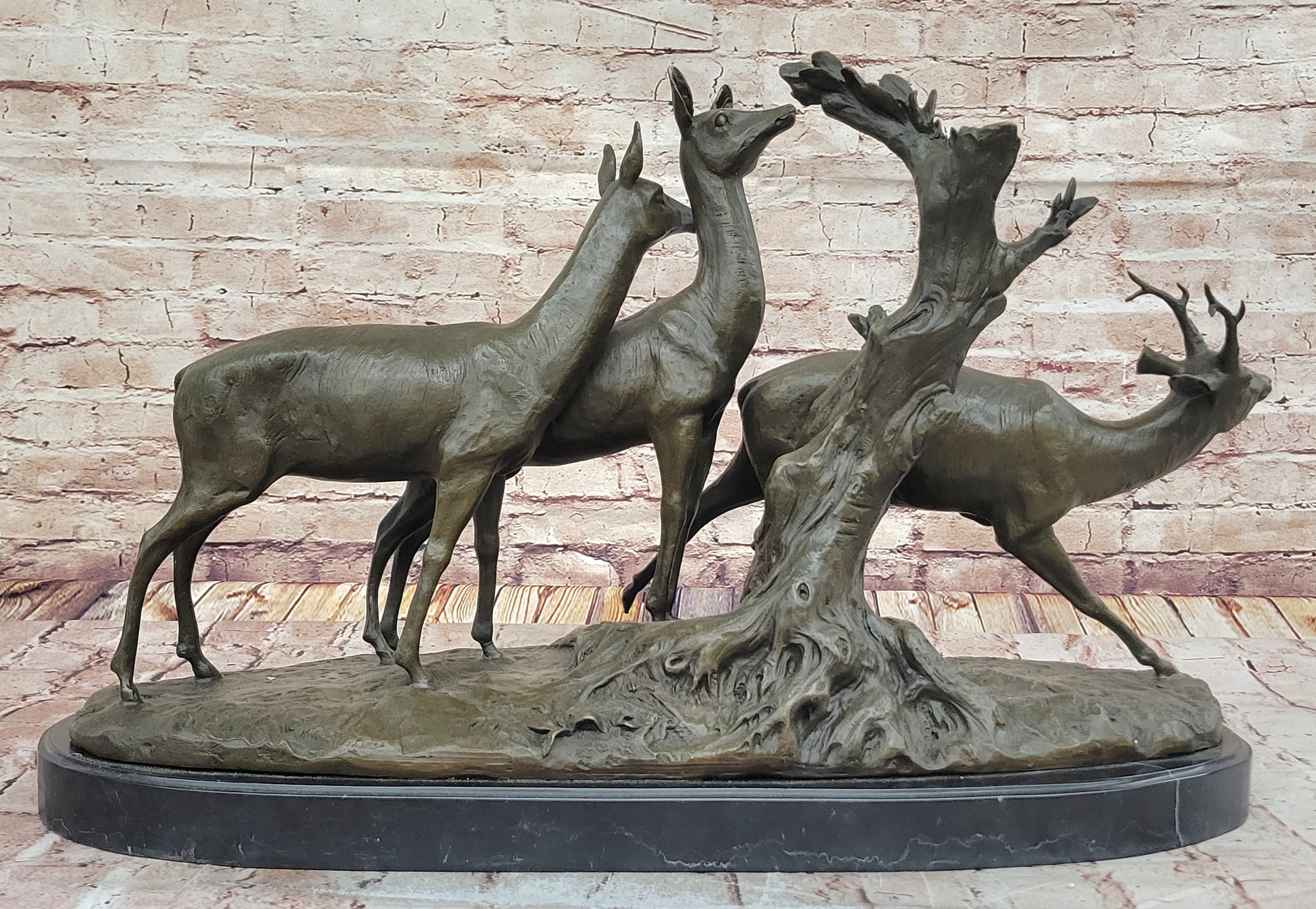 M. Fiot Deer in the Forest; Majestic Bronze Wildlife Sculpture on Marble Base