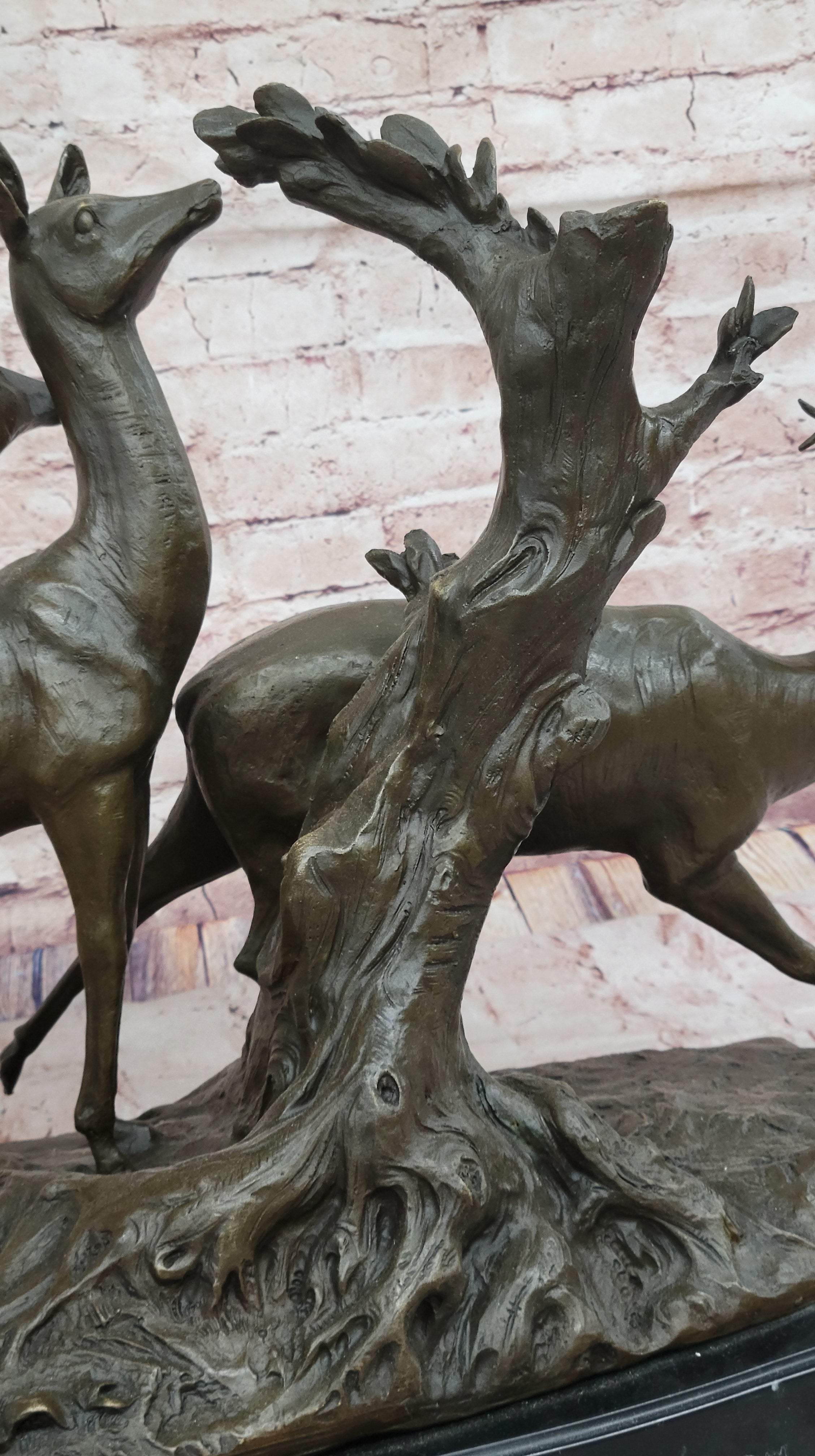 M. Fiot Deer in the Forest; Majestic Bronze Wildlife Sculpture on Marble Base