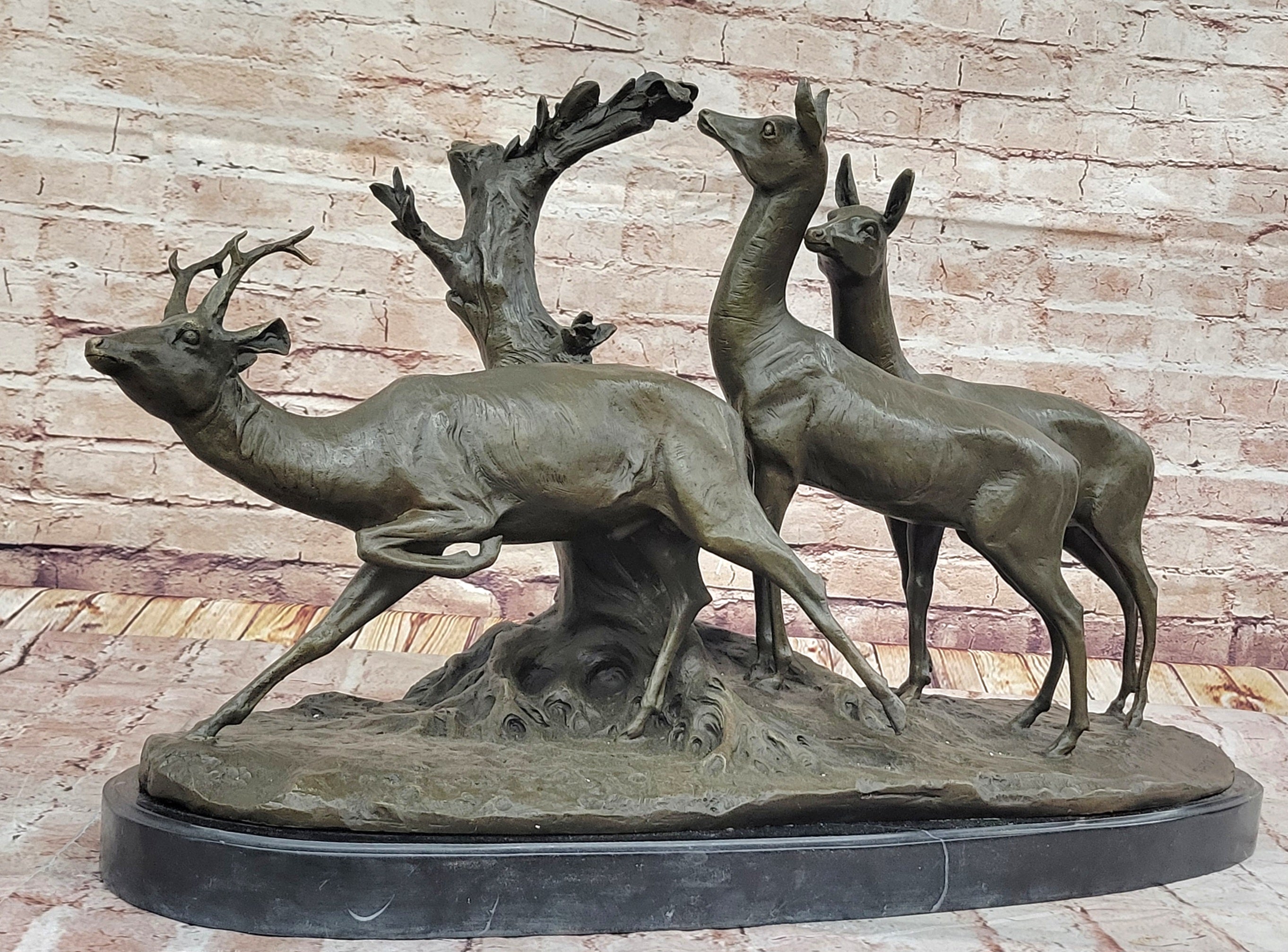 M. Fiot Deer in the Forest; Majestic Bronze Wildlife Sculpture on Marble Base