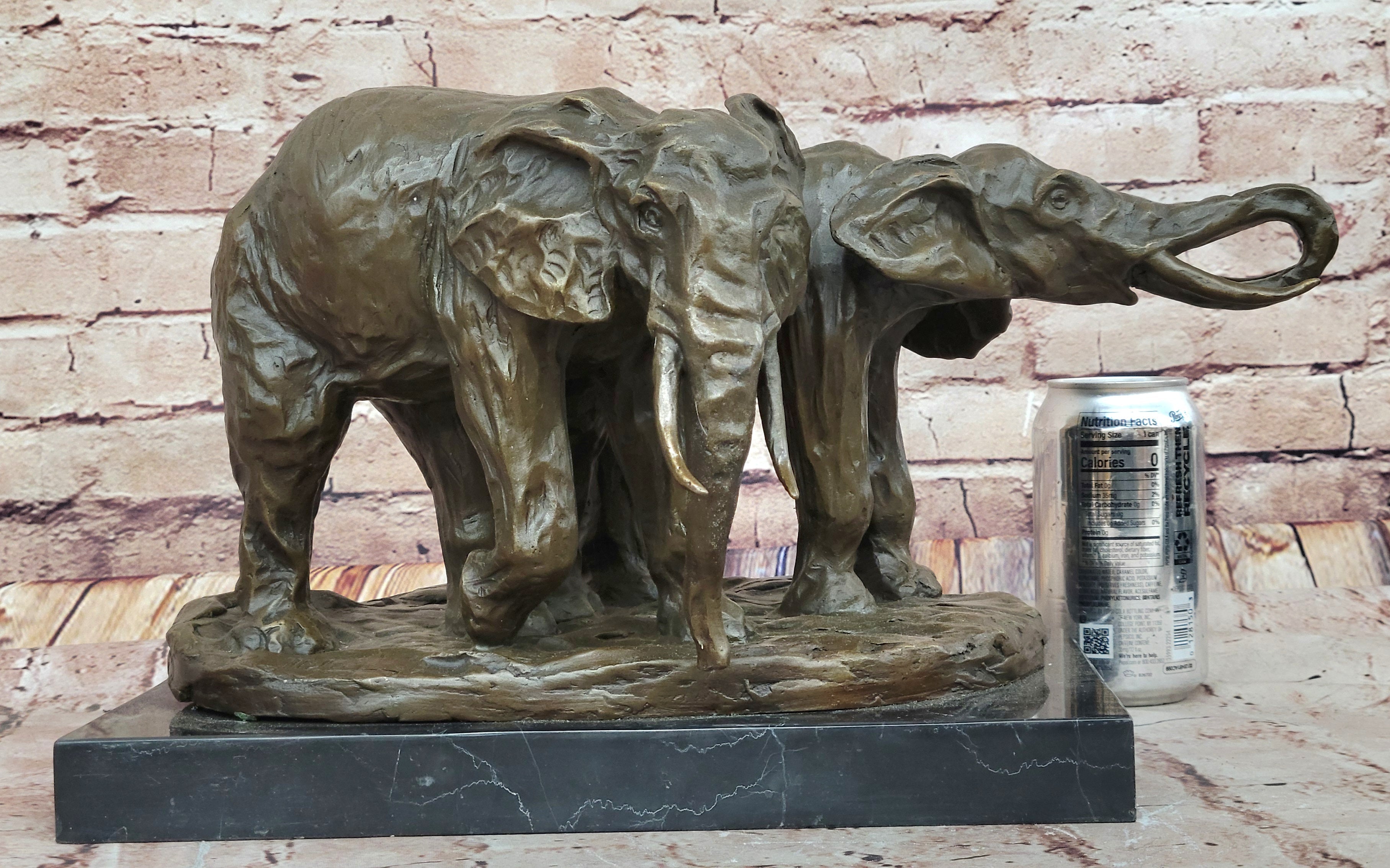 Bronze Elephant Pair Sculpture; Majestic Wildlife Art on Marble Base by Milo