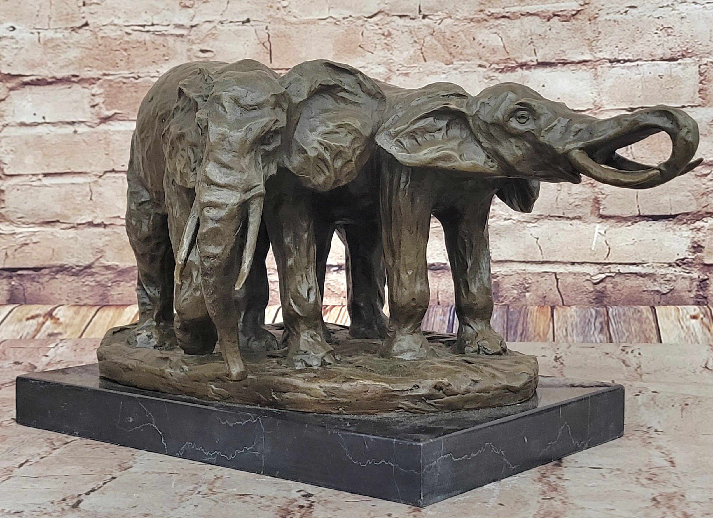 Bronze Elephant Pair Sculpture; Majestic Wildlife Art on Marble Base by Milo