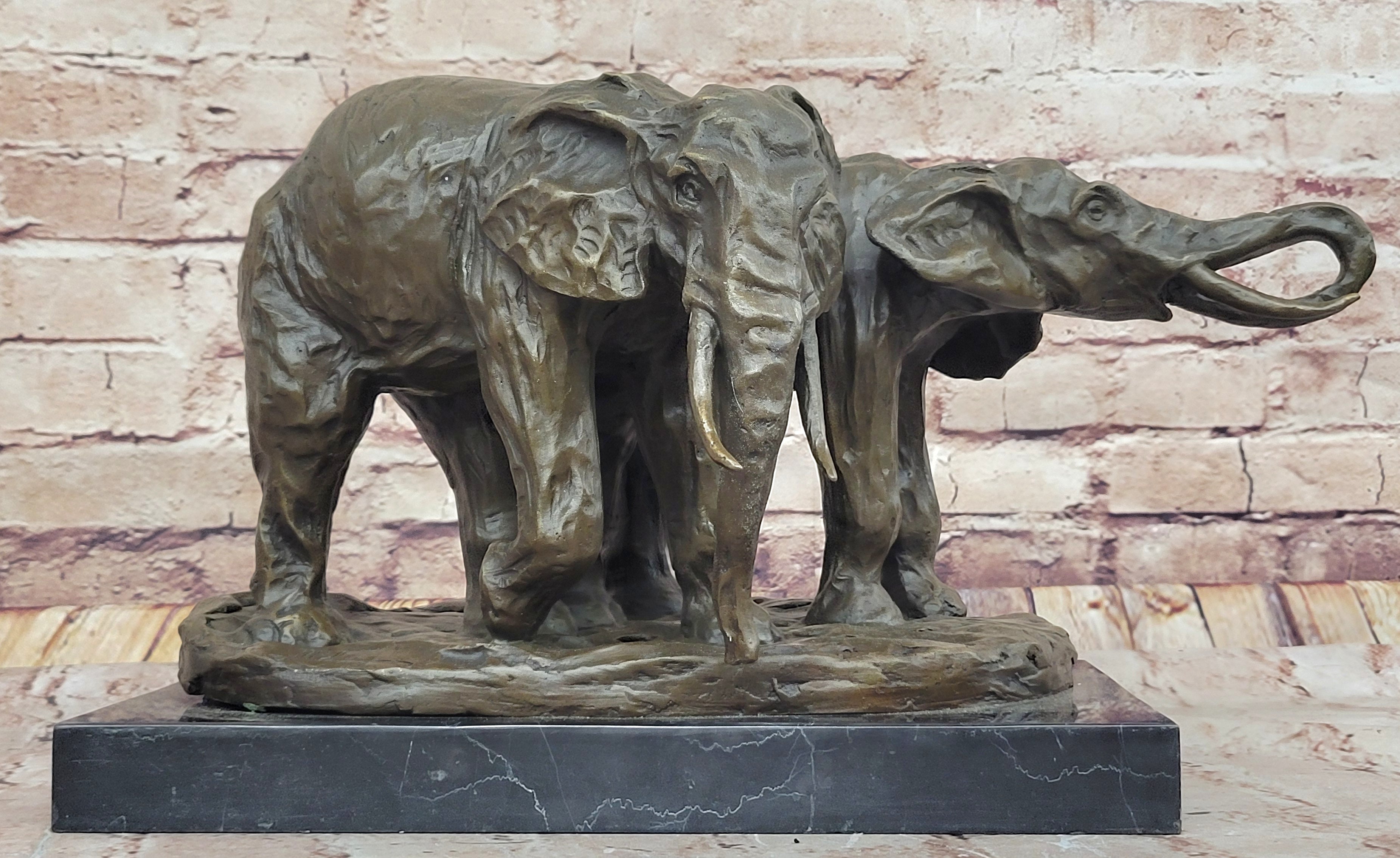 Bronze Elephant Pair Sculpture; Majestic Wildlife Art on Marble Base by Milo