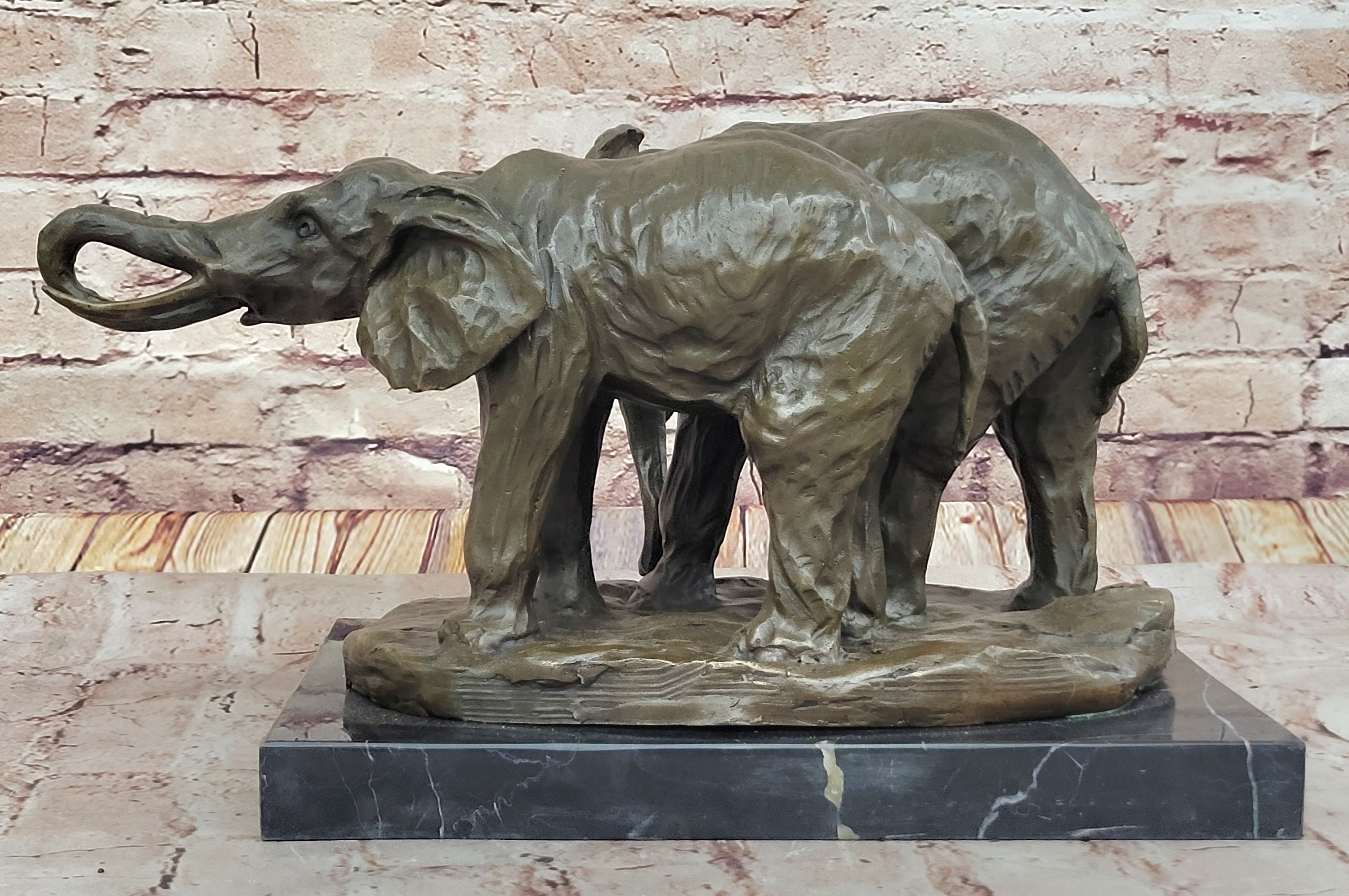 Bronze Elephant Pair Sculpture; Majestic Wildlife Art on Marble Base by Milo