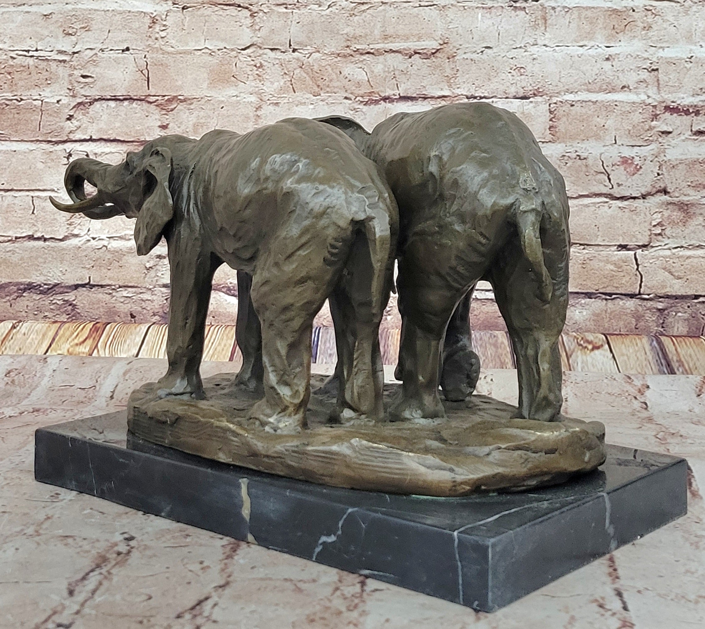 Bronze Elephant Pair Sculpture; Majestic Wildlife Art on Marble Base by Milo