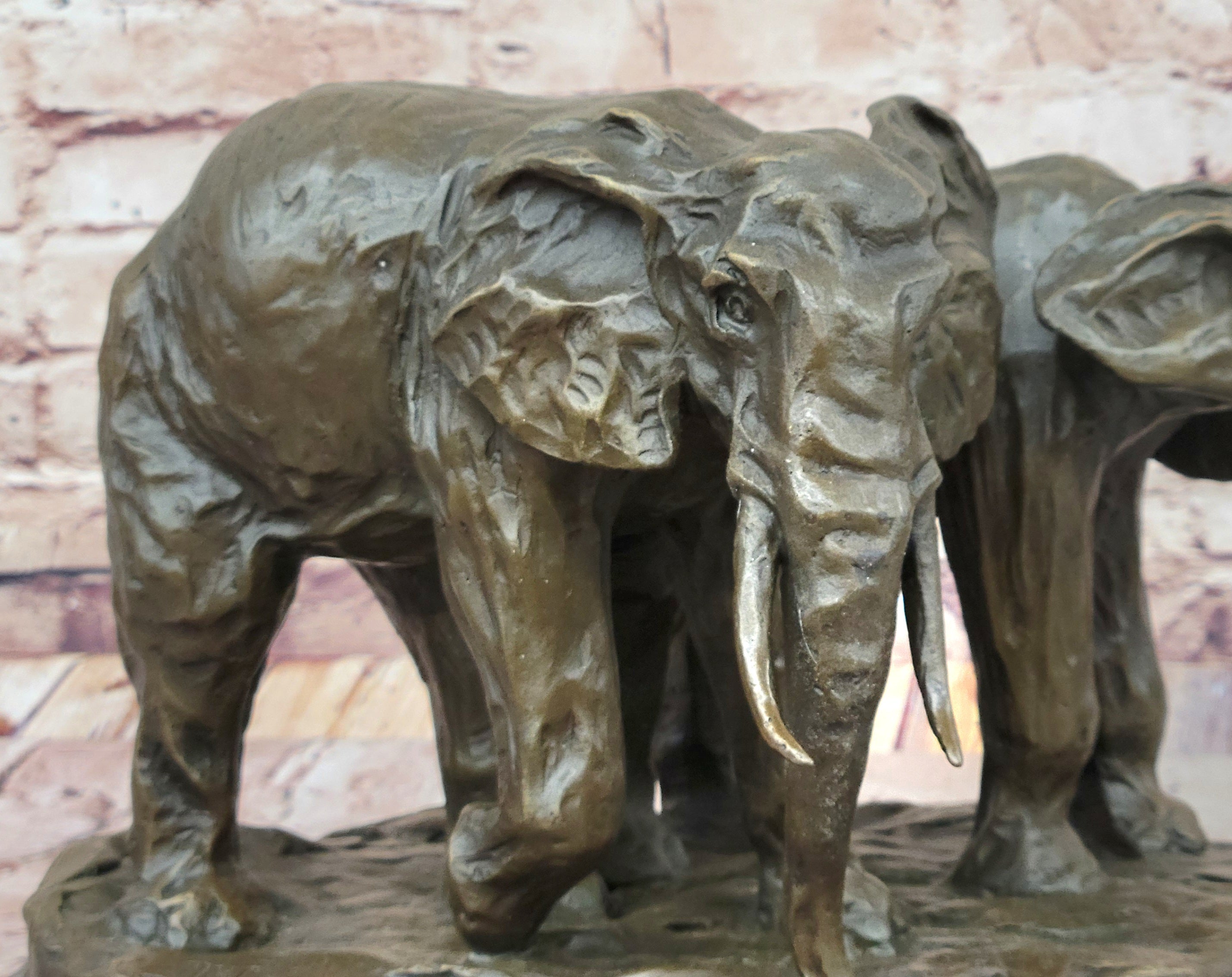 Bronze Elephant Pair Sculpture; Majestic Wildlife Art on Marble Base by Milo