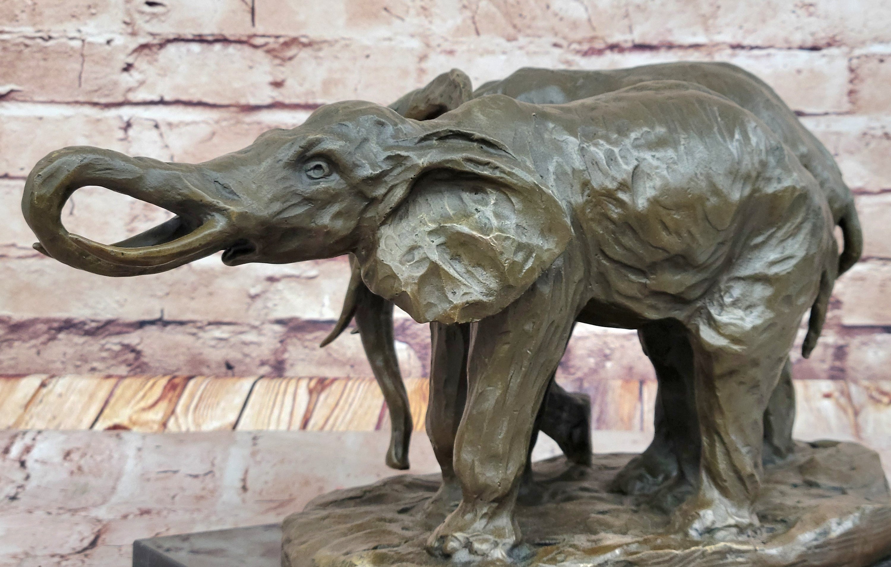 Bronze Elephant Pair Sculpture; Majestic Wildlife Art on Marble Base by Milo