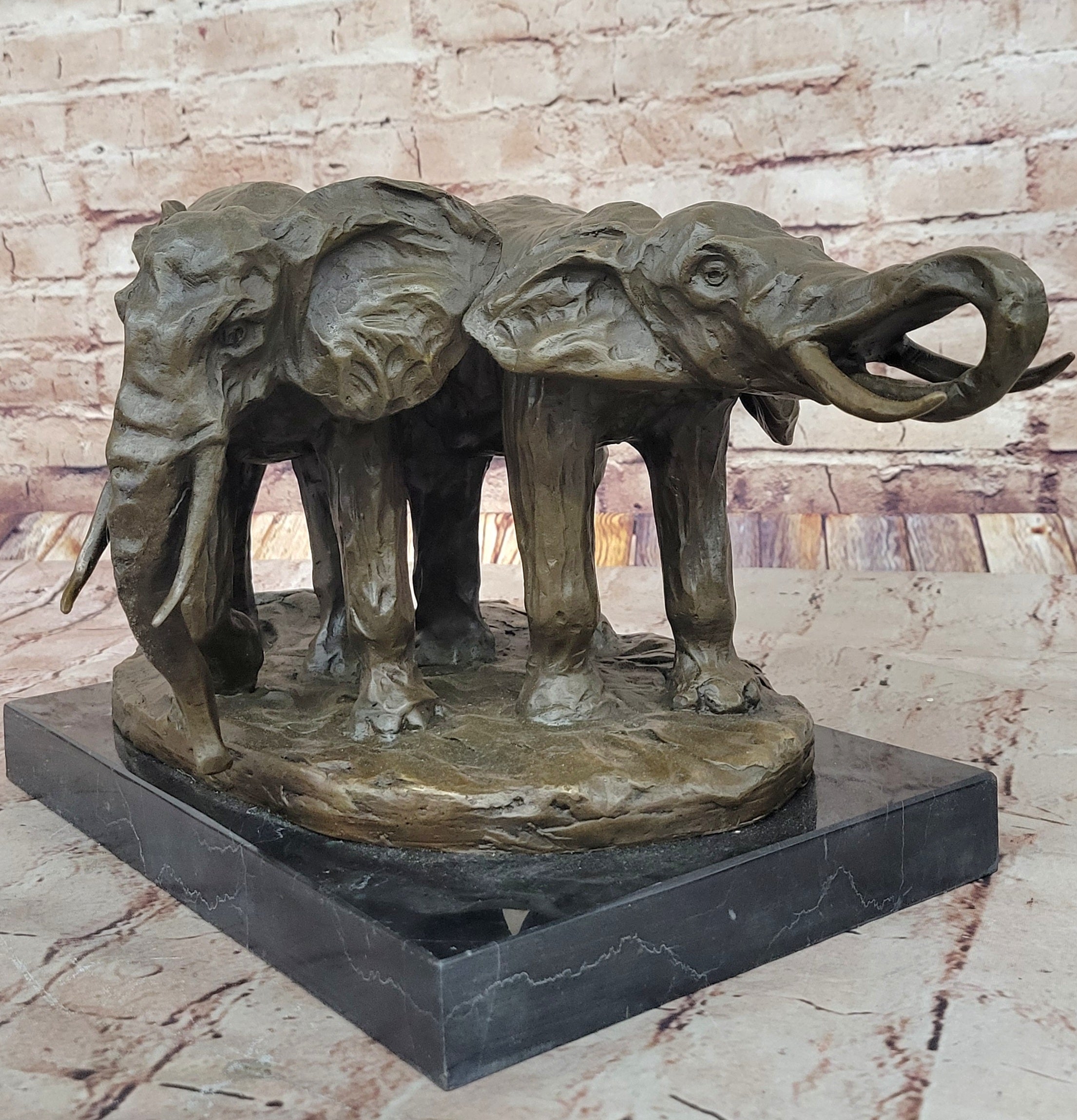 Bronze Elephant Pair Sculpture; Majestic Wildlife Art on Marble Base by Milo