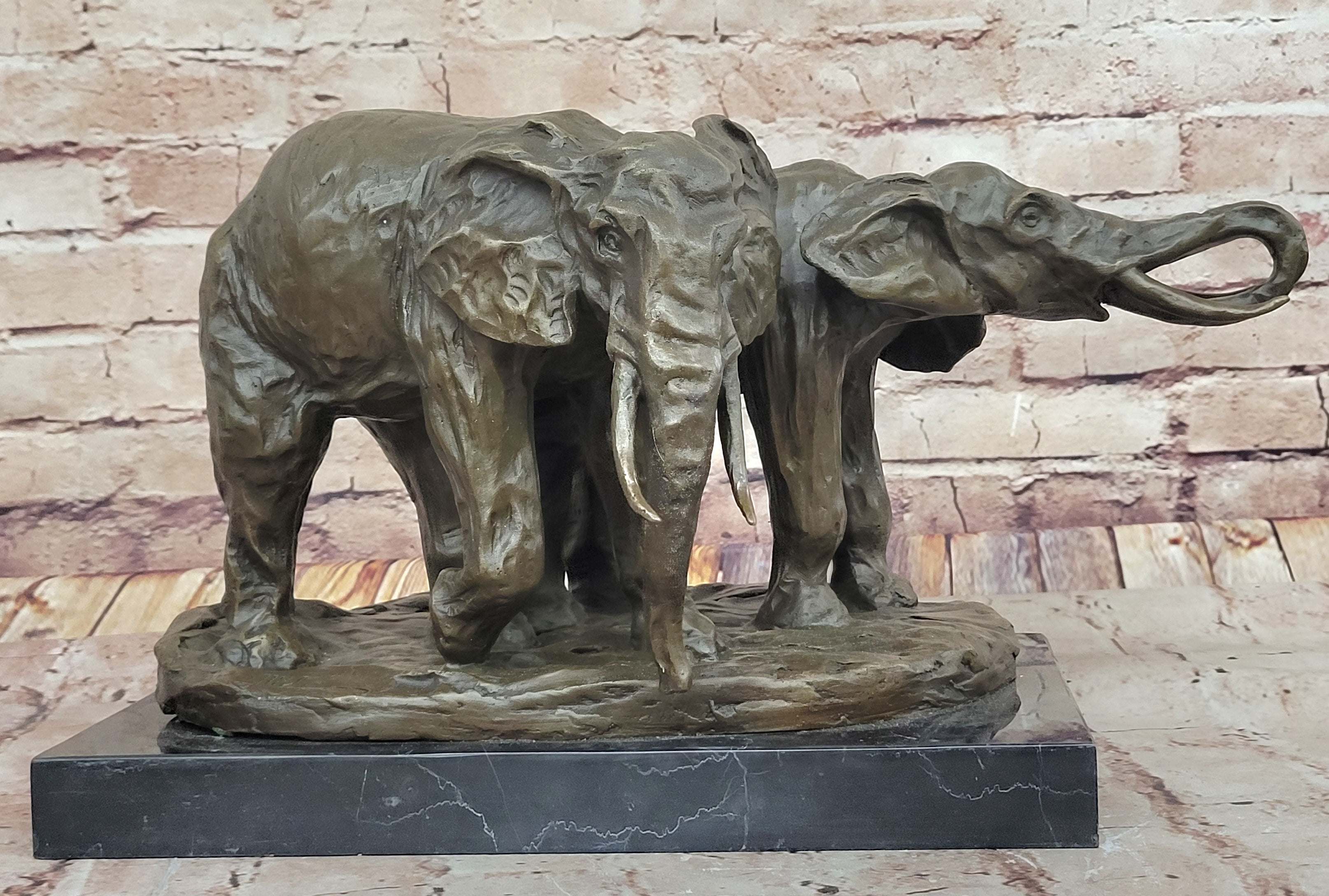 Bronze Elephant Pair Sculpture; Majestic Wildlife Art on Marble Base by Milo
