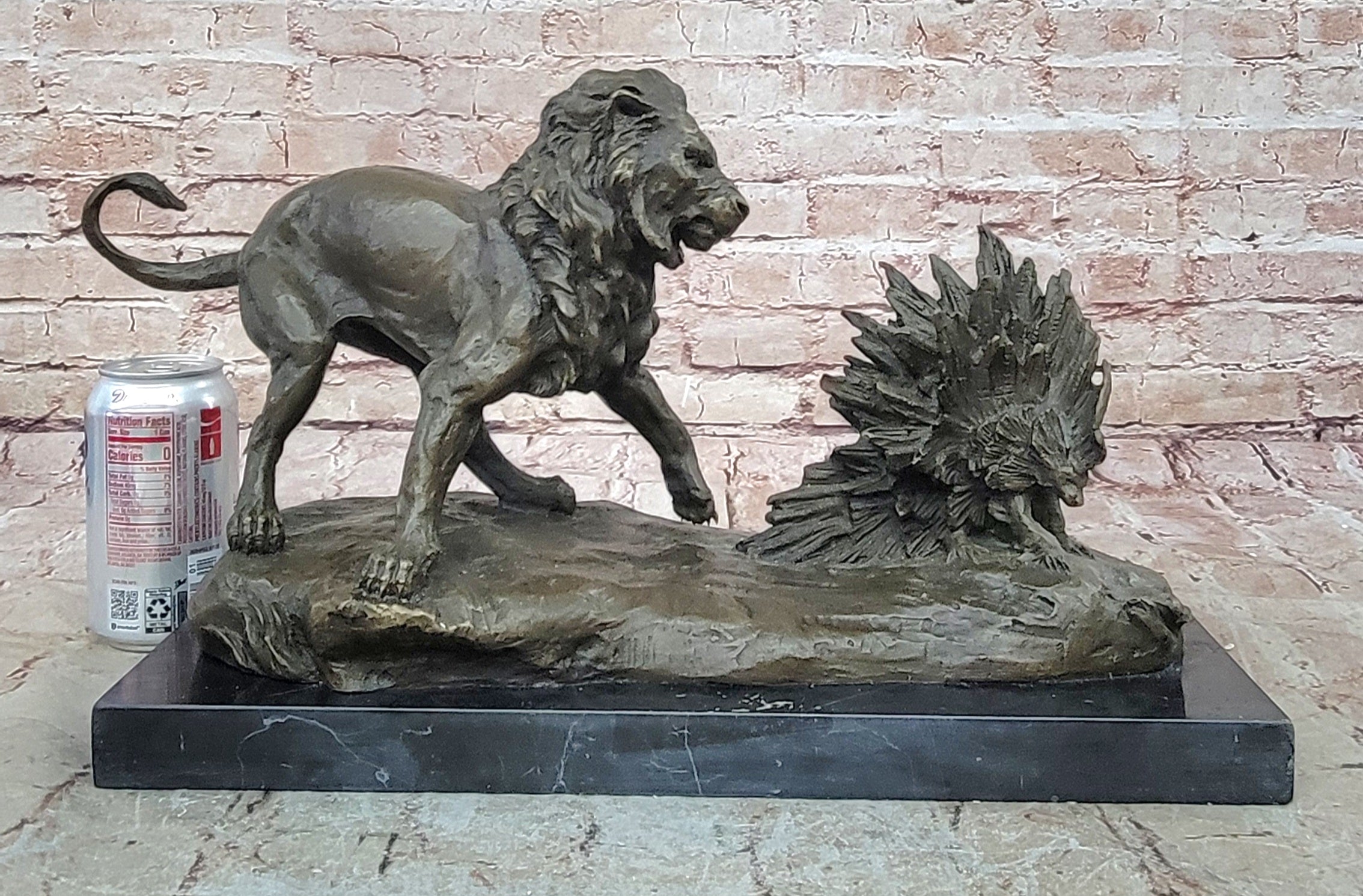 Lion vs. Porcupine Bronze Statue Sculpture Wildlife Art Decor on Marble Base