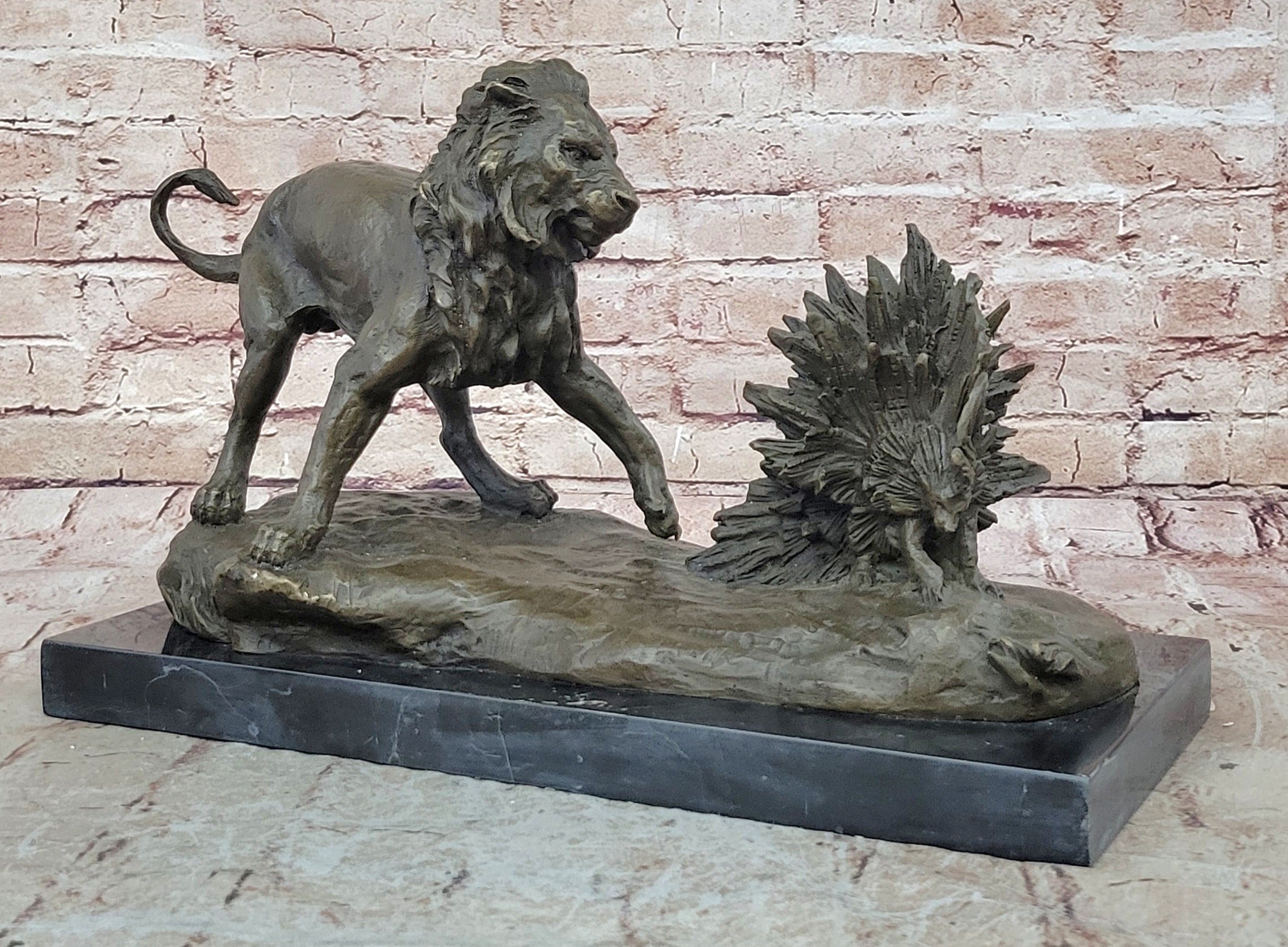 Lion vs. Porcupine Bronze Statue Sculpture Wildlife Art Decor on Marble Base