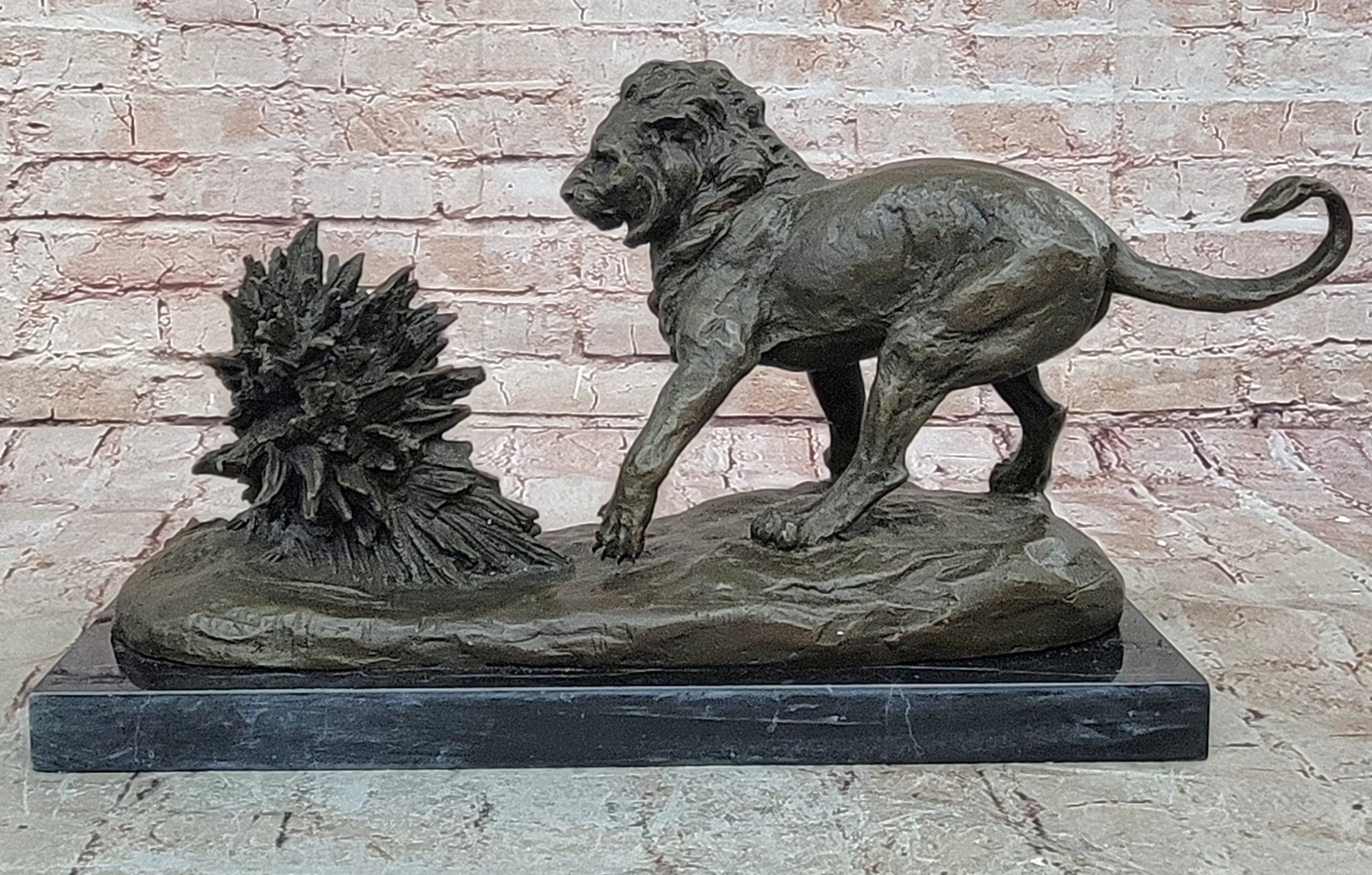 Lion vs. Porcupine Bronze Statue Sculpture Wildlife Art Decor on Marble Base