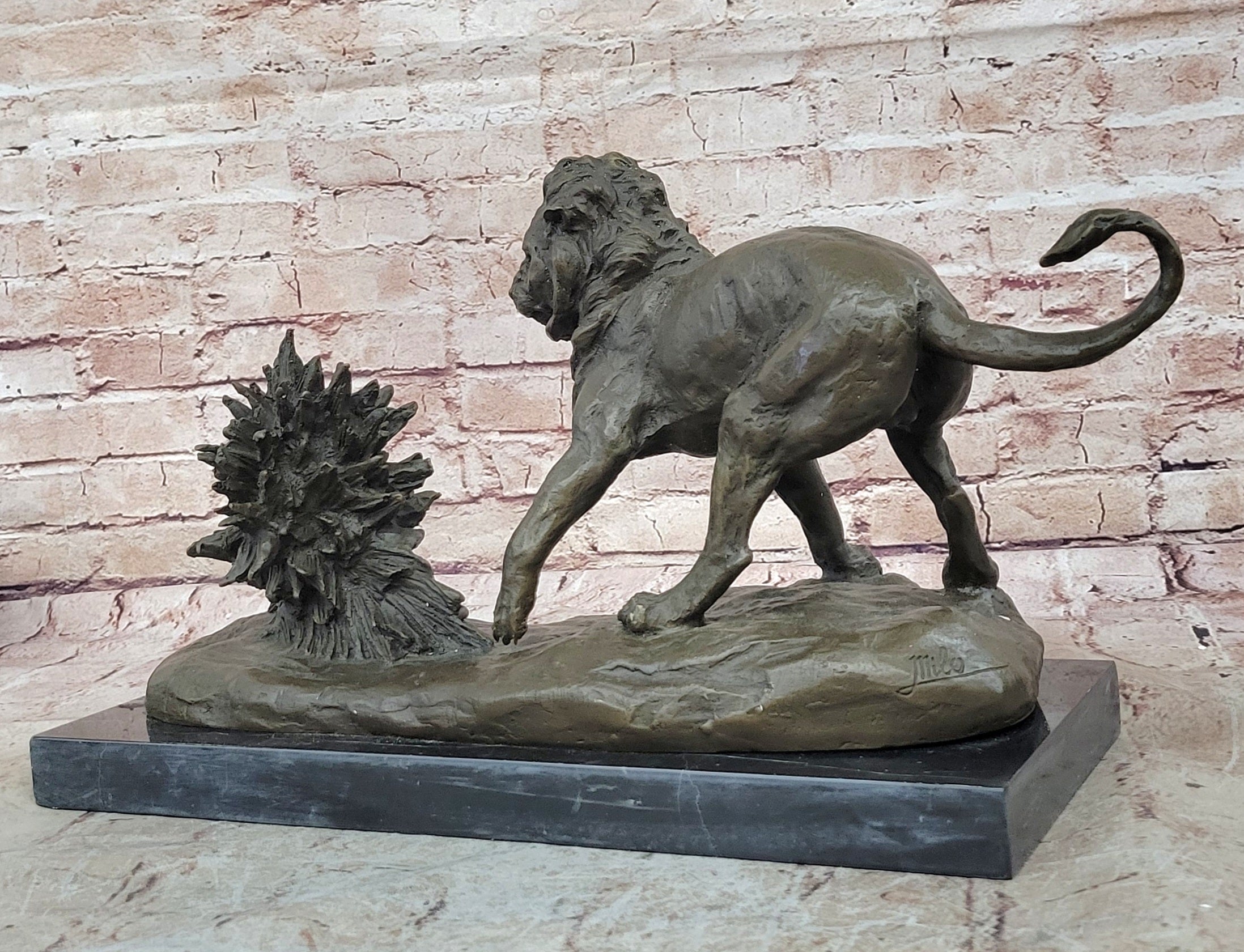 Lion vs. Porcupine Bronze Statue Sculpture Wildlife Art Decor on Marble Base