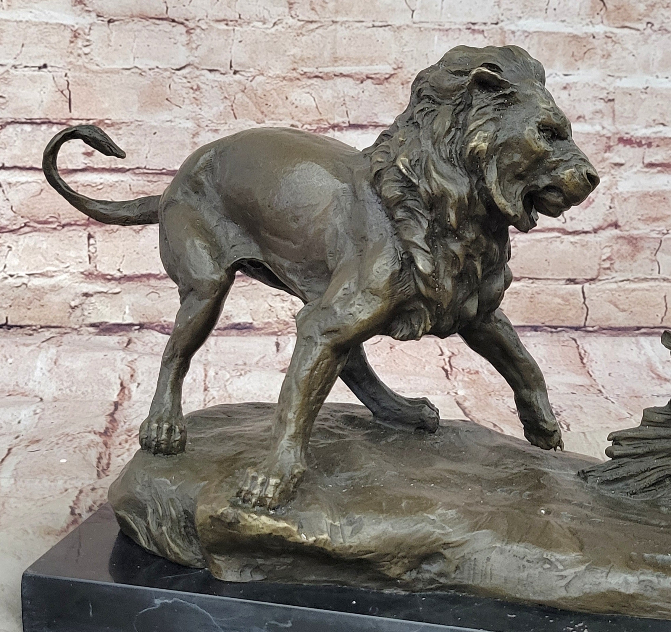 Lion vs. Porcupine Bronze Statue Sculpture Wildlife Art Decor on Marble Base