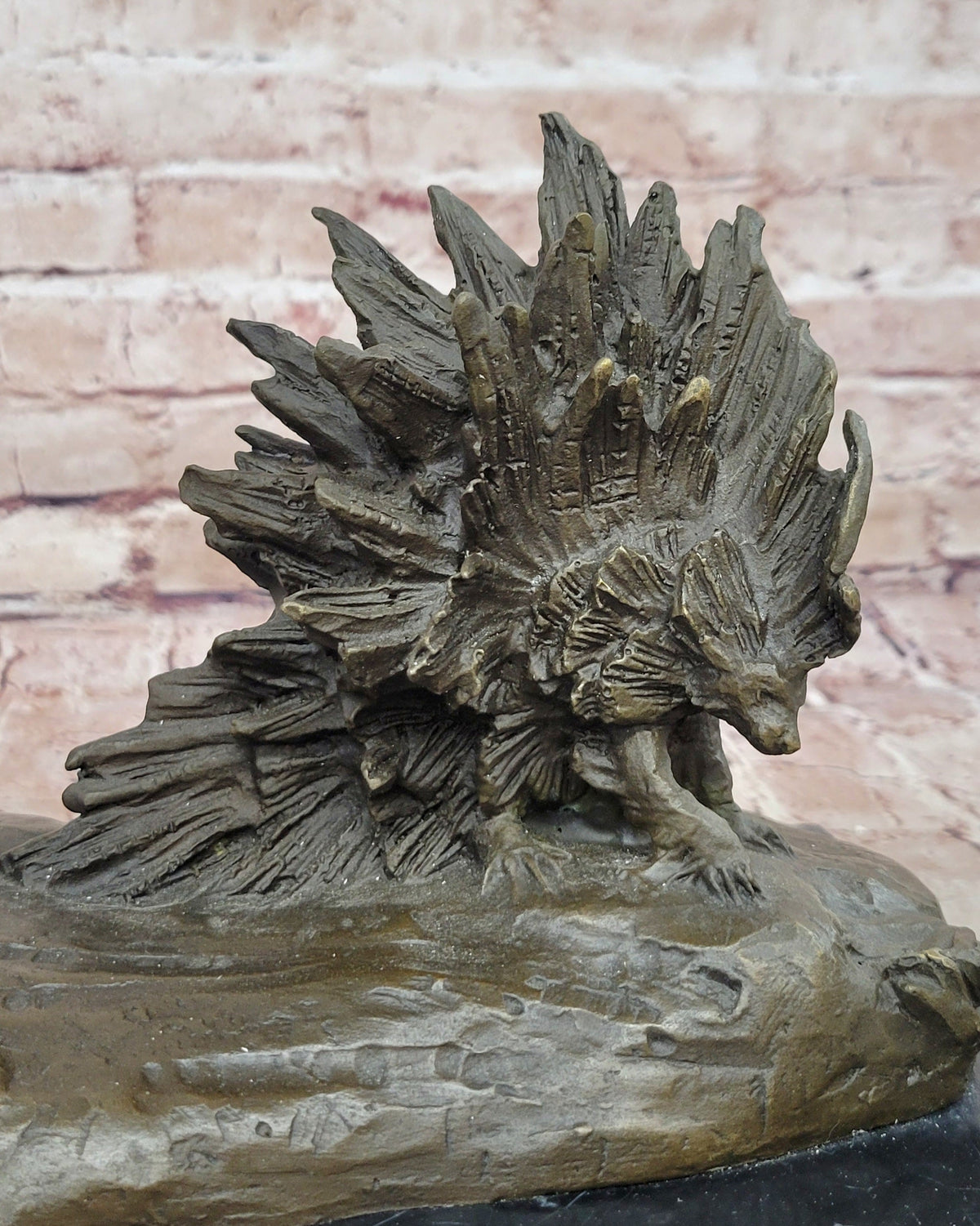 Lion vs. Porcupine Bronze Statue Sculpture Wildlife Art Decor on Marble Base